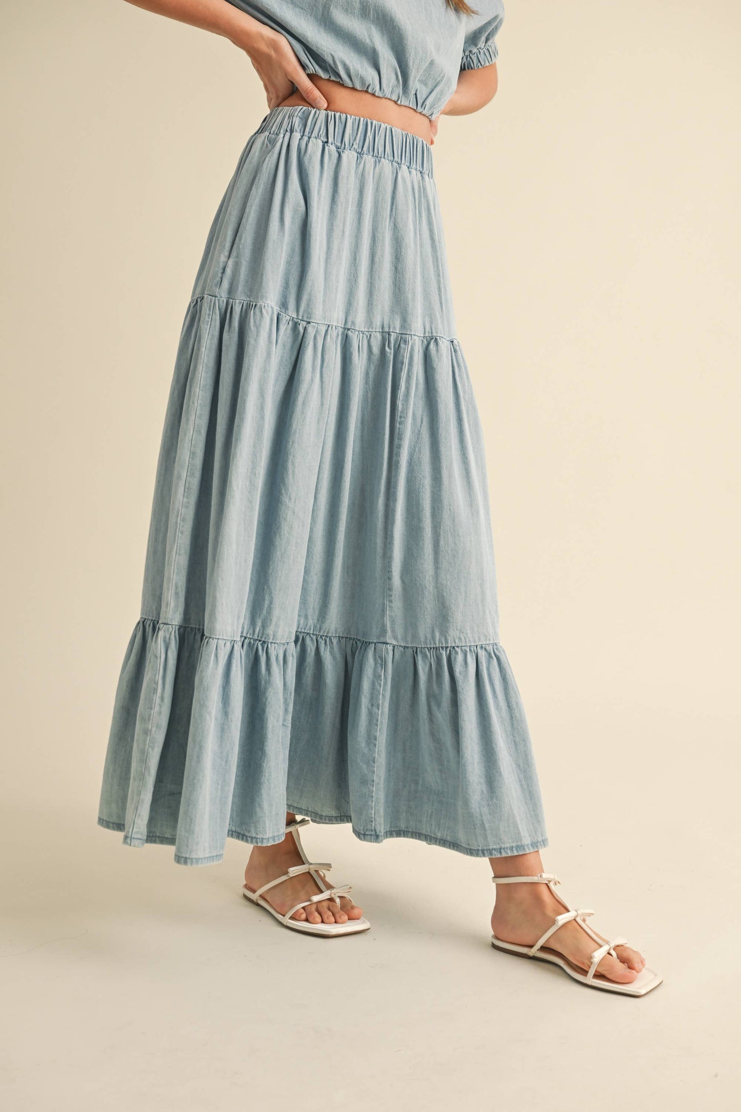 Tiered Denim Midi Skirt Light Wash