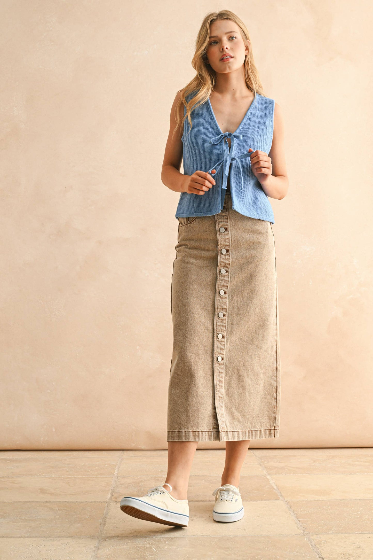 Denim Button Down Skirt Tan Wash