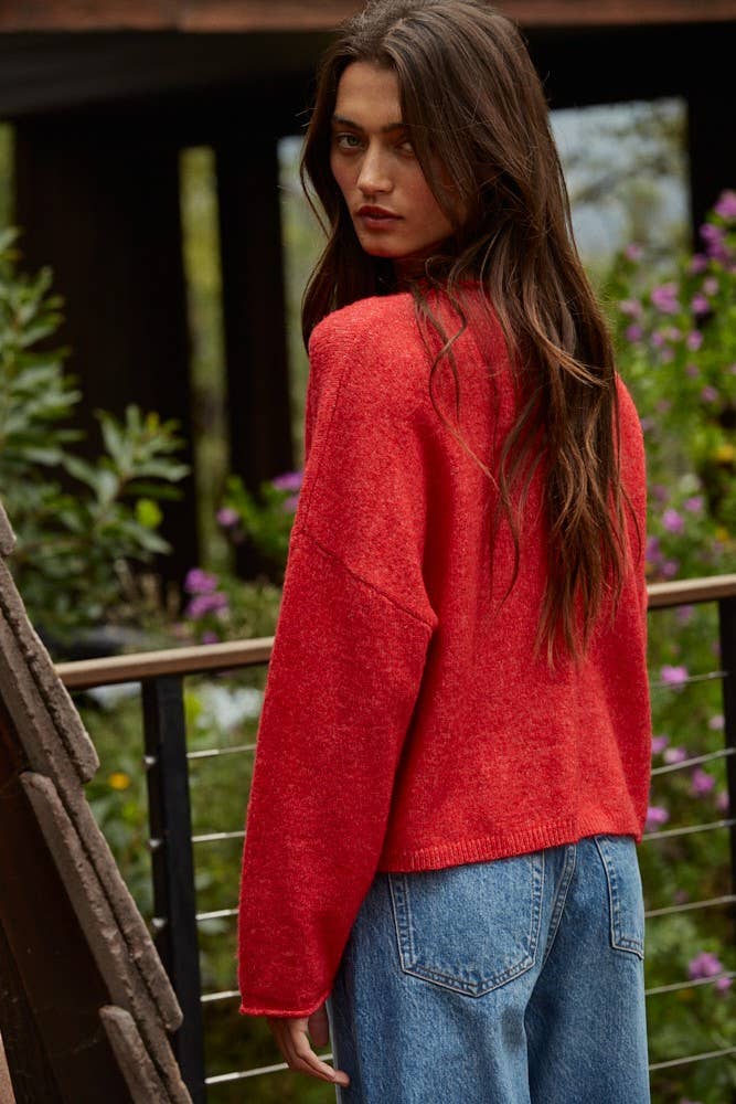 Oversized Knit Sweater Pullover Top • Red