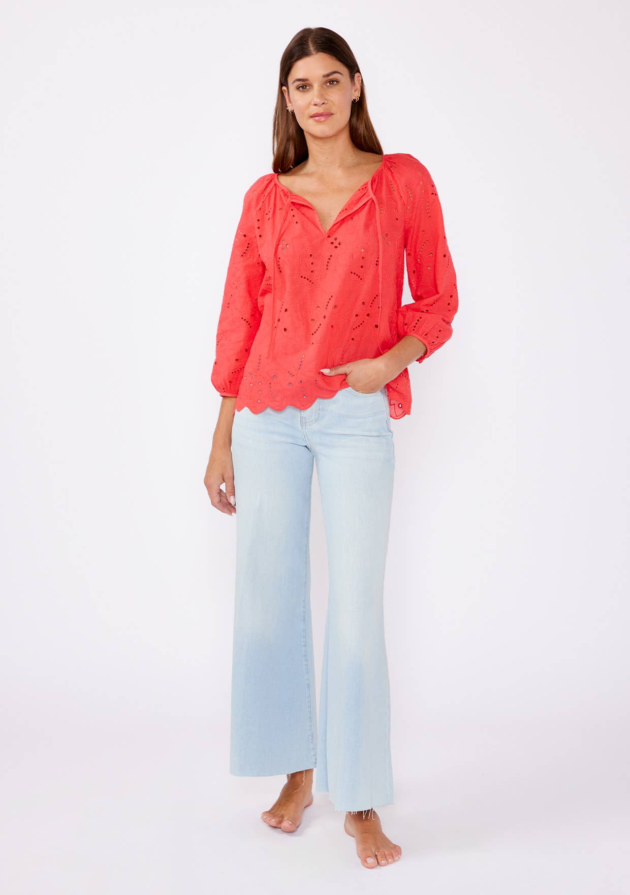 Raglan Long Sleeve Blouse with Floral Eyelet Details • Coral
