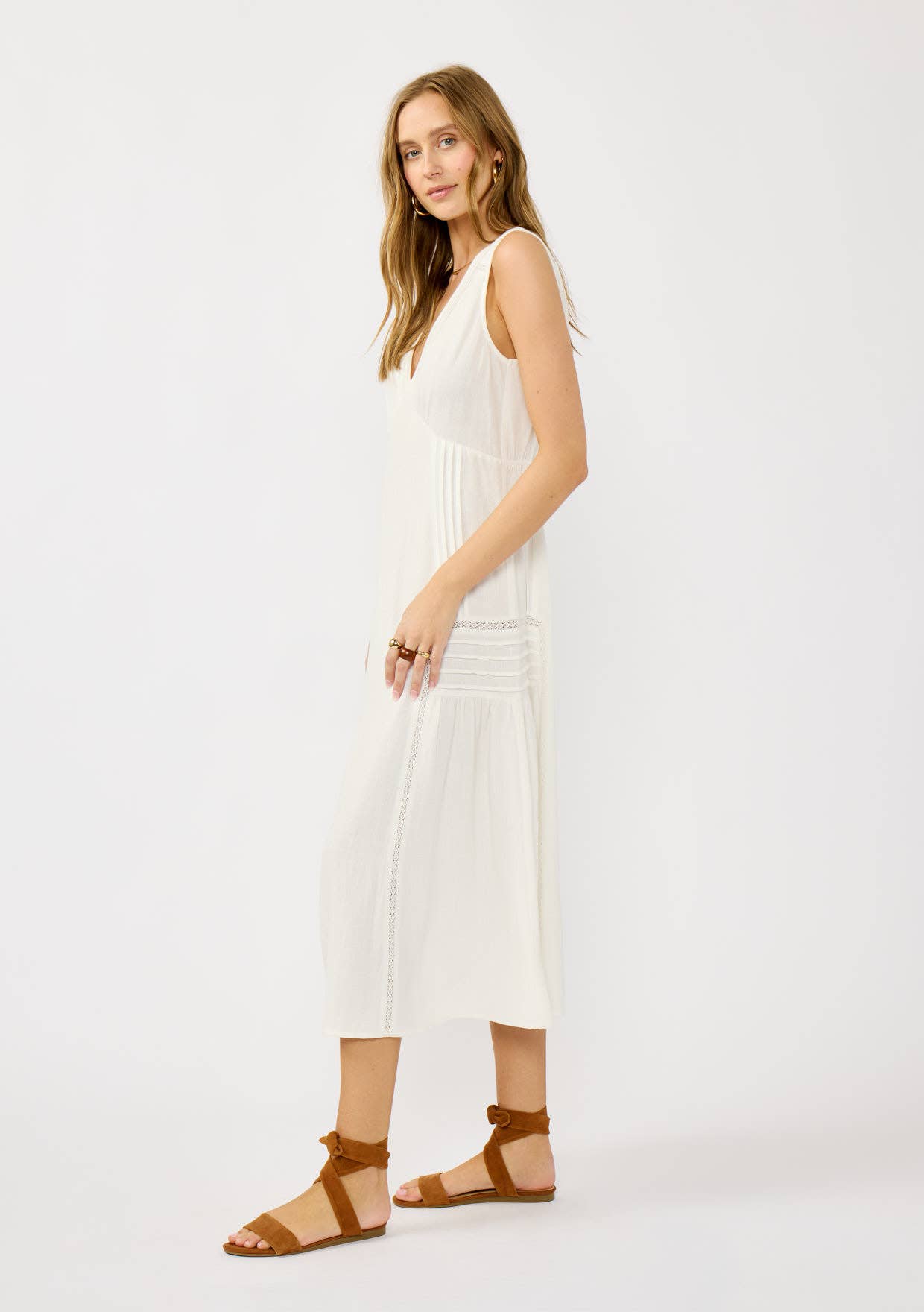Lace Detail Linen Blend Midi Dress • White