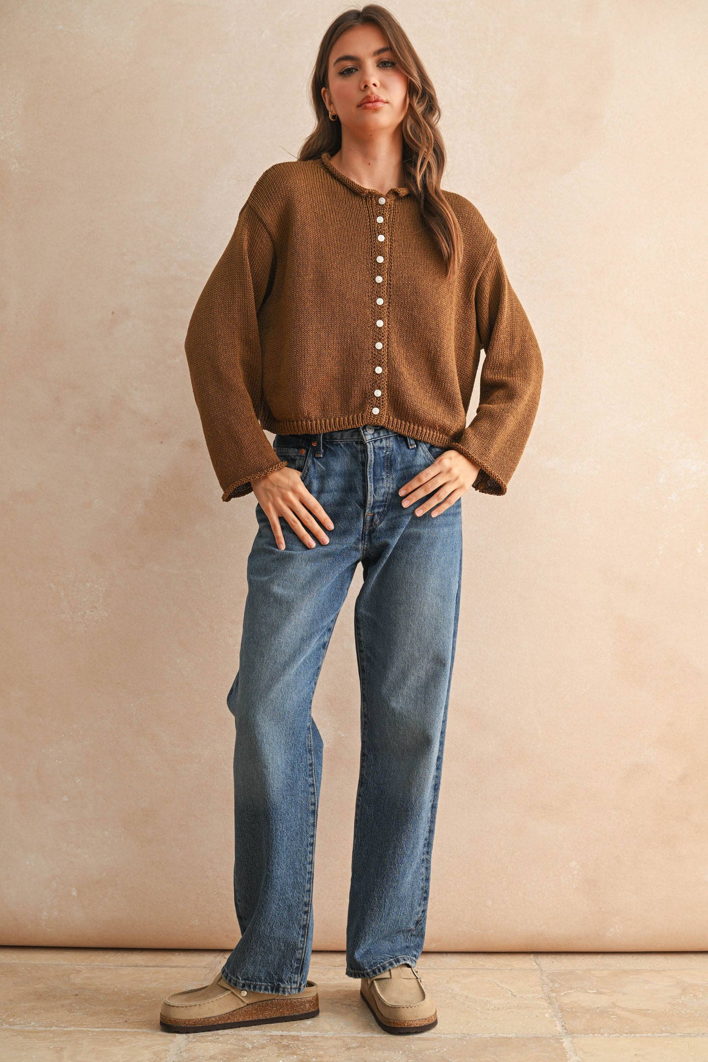 Lightweight Cotton Crop Cardigan Earthy Chocolate Brown