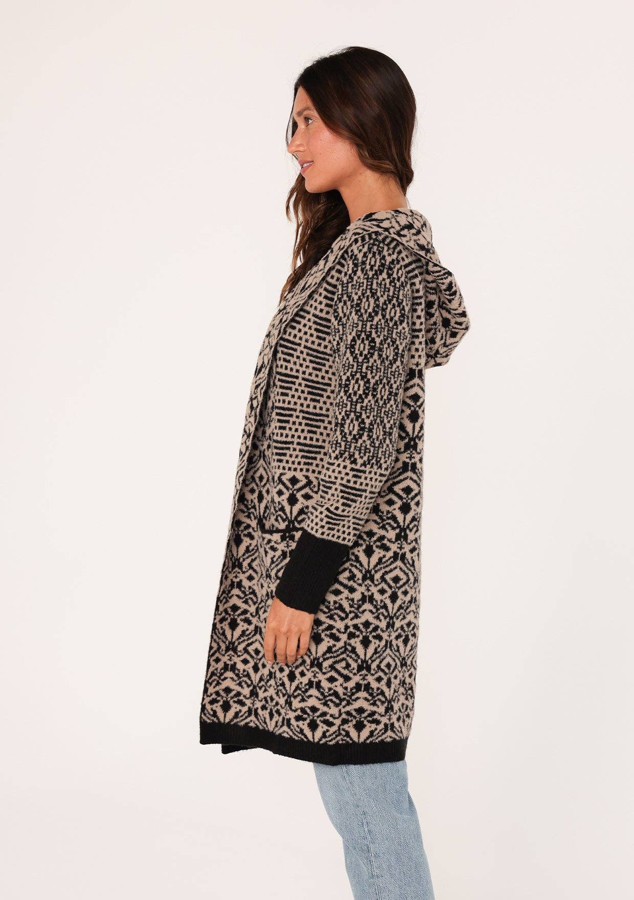 Patchwork Jacquard Hoodie Cardigan • Taupe & Black