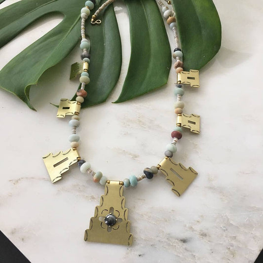Lunasol Stamped Brass & Bead Statement Necklace Amazonite & Hematite