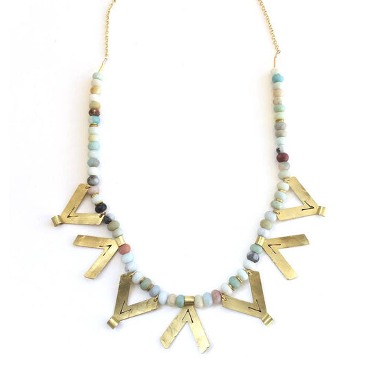 Lunasol Textured Brass Bib Necklace w/ Amazonite Beads