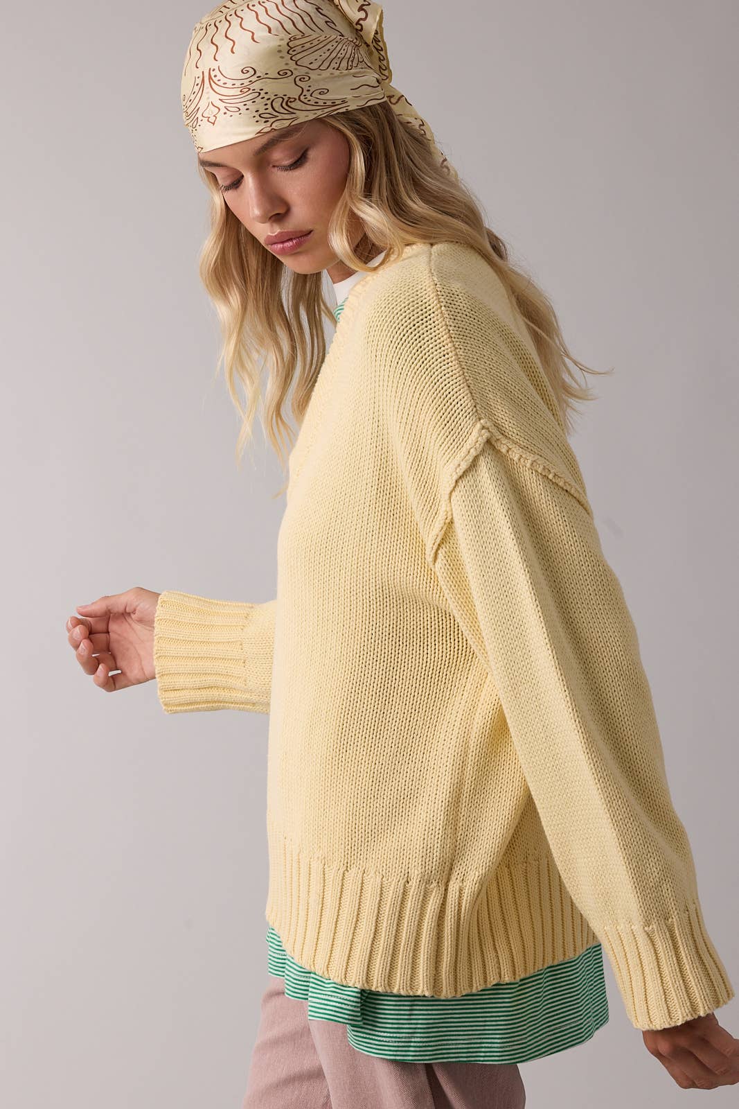 Oversized Scoop Neck Cotton Sweater Light Yellow