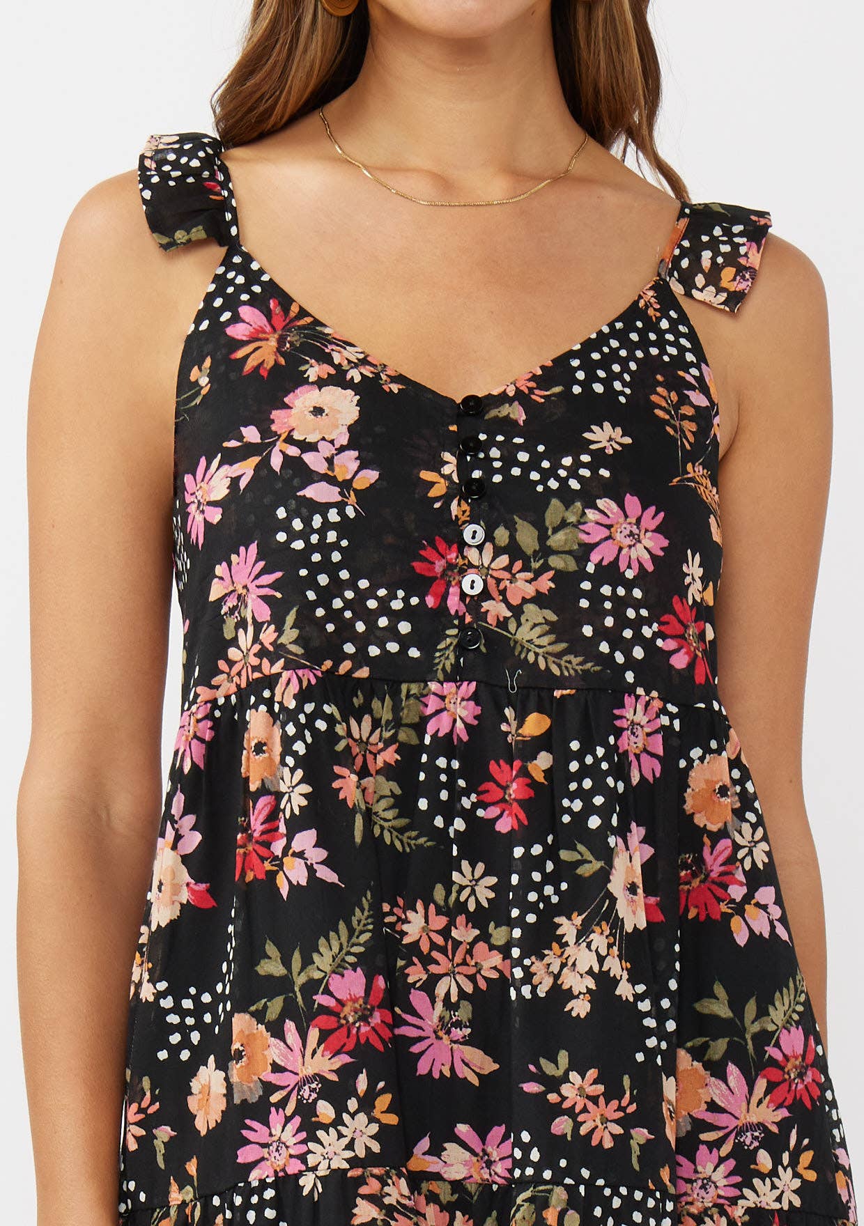 Ruffle Strap V-Neck Tiered Maxi Dress • Black & Dusty Rose