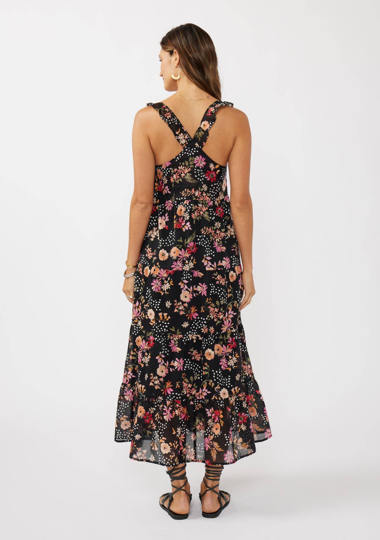 Ruffle Strap V-Neck Tiered Maxi Dress • Black & Dusty Rose