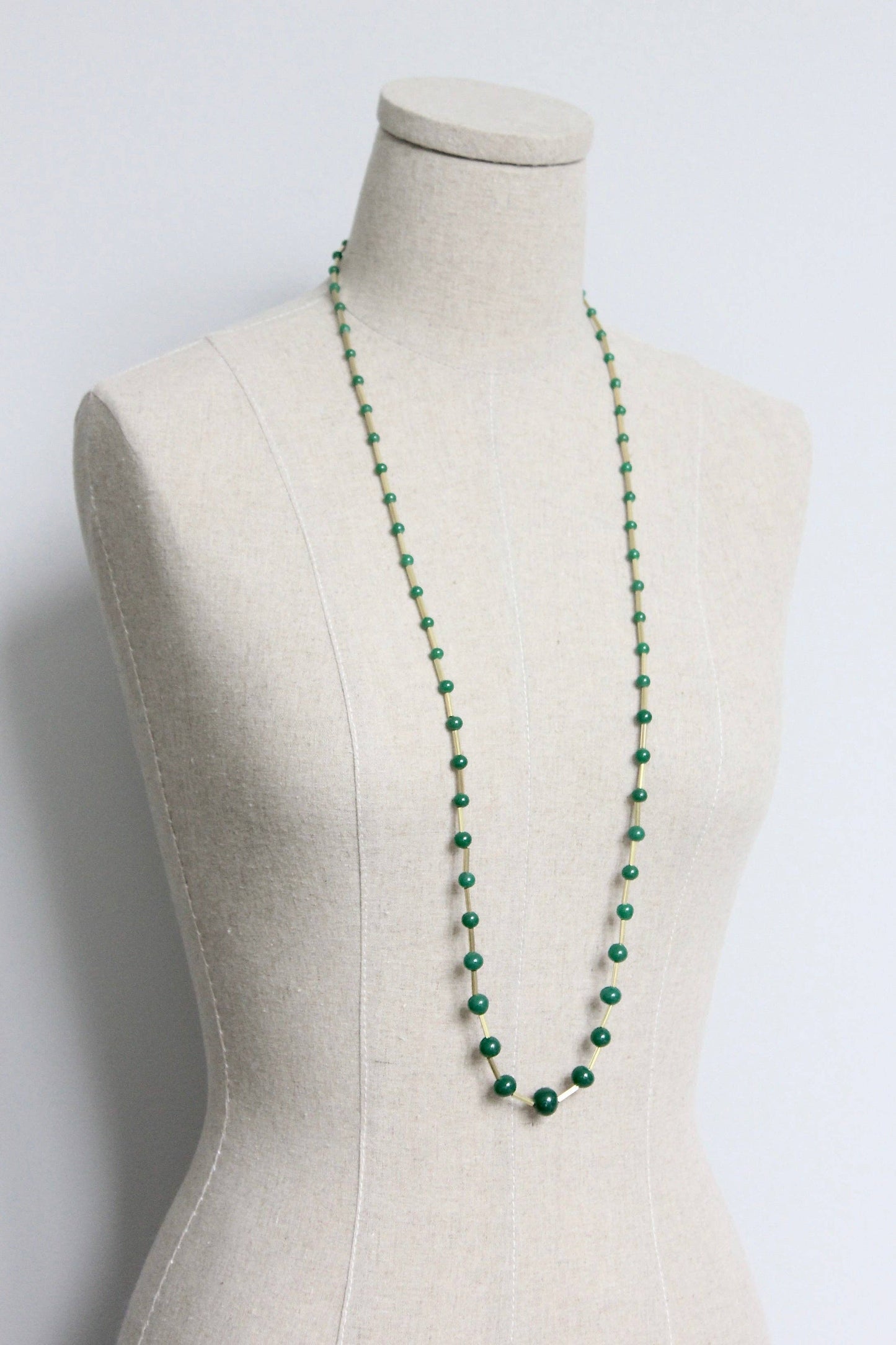 Long Beaded Necklace • Green Vintage Glass & Brass