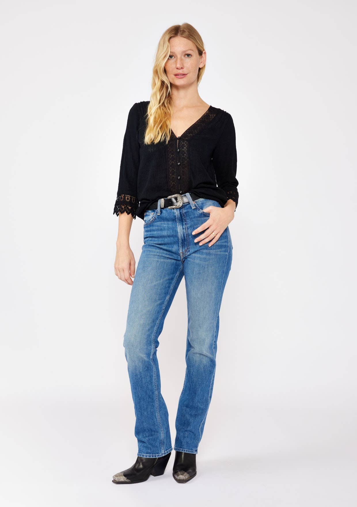 Lace Detail V-Neck Button Down Blouse • Black