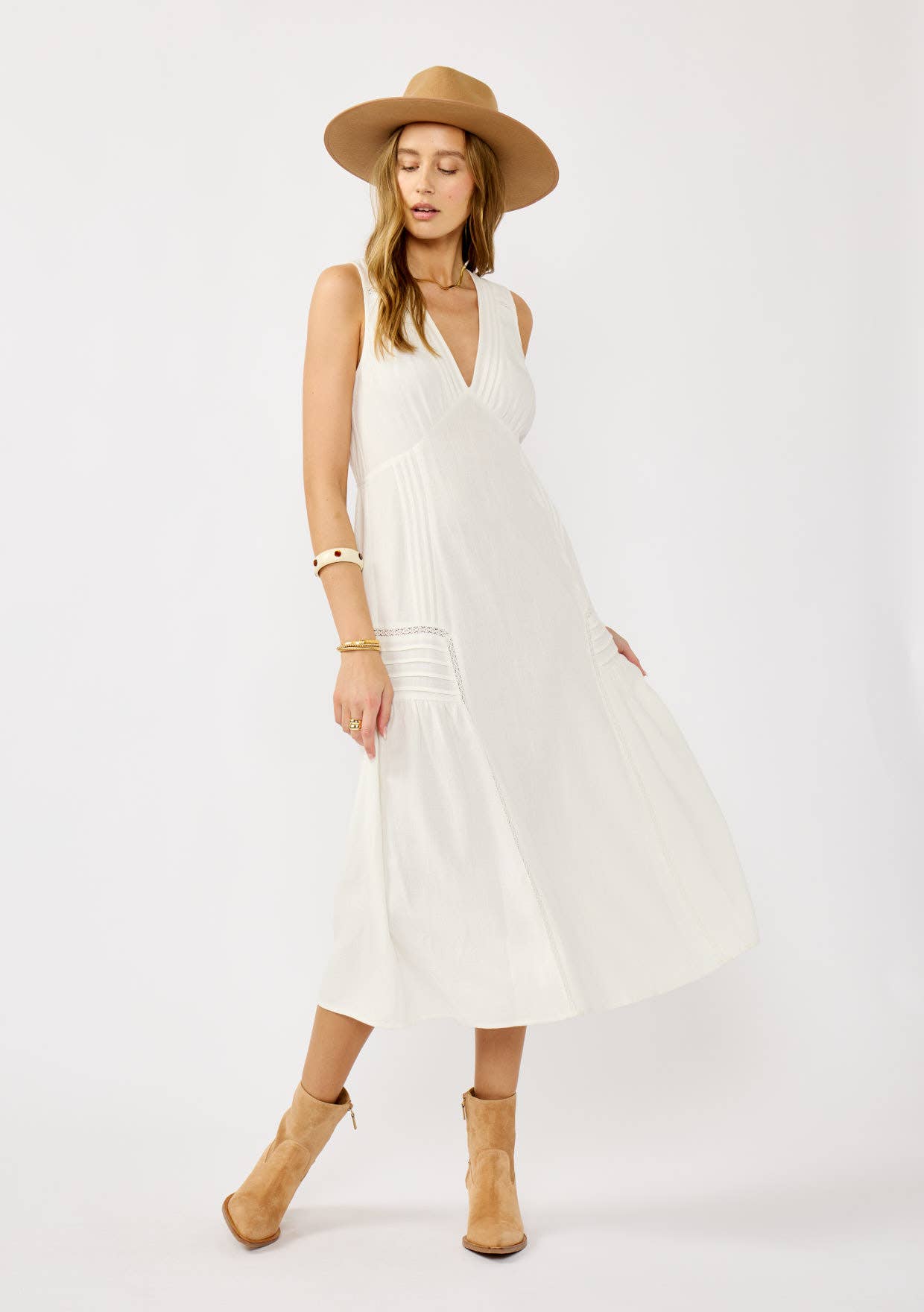 Lace Detail Linen Blend Midi Dress • White