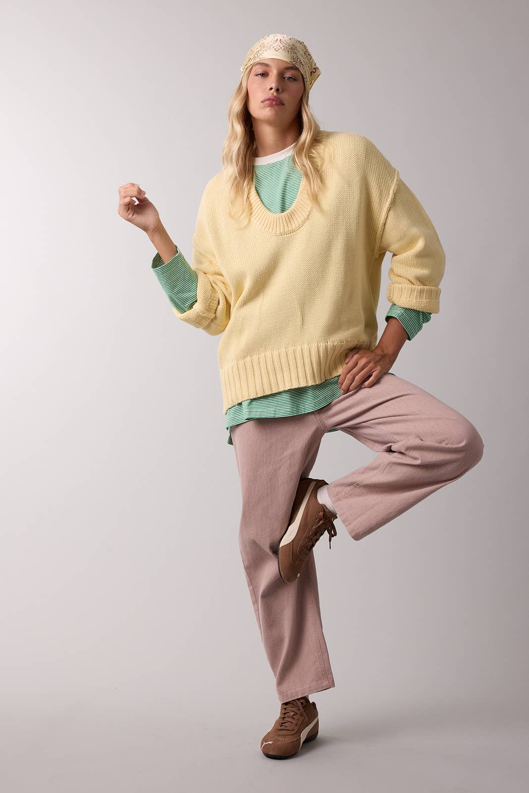 Oversized Scoop Neck Cotton Sweater Light Yellow