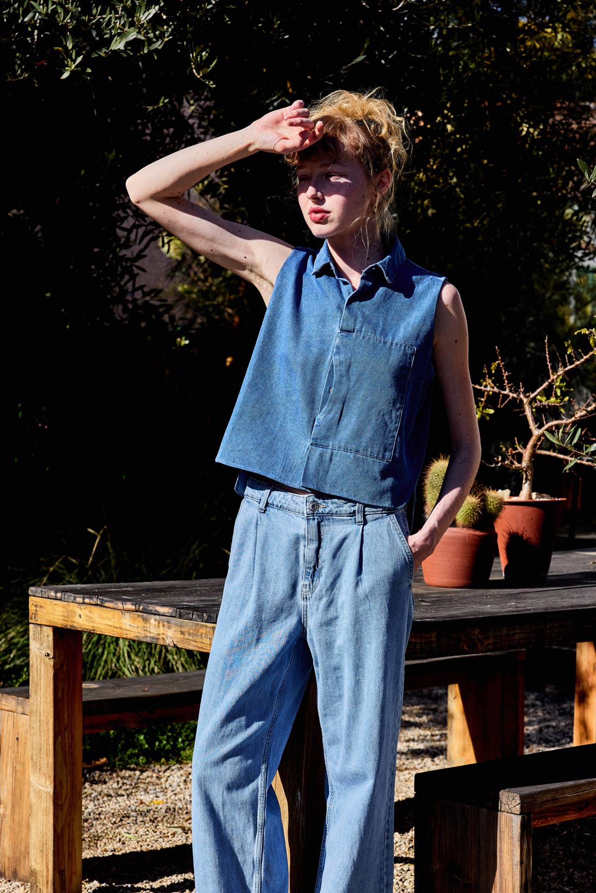 Collared Button Down Sleeveless Top • Denim