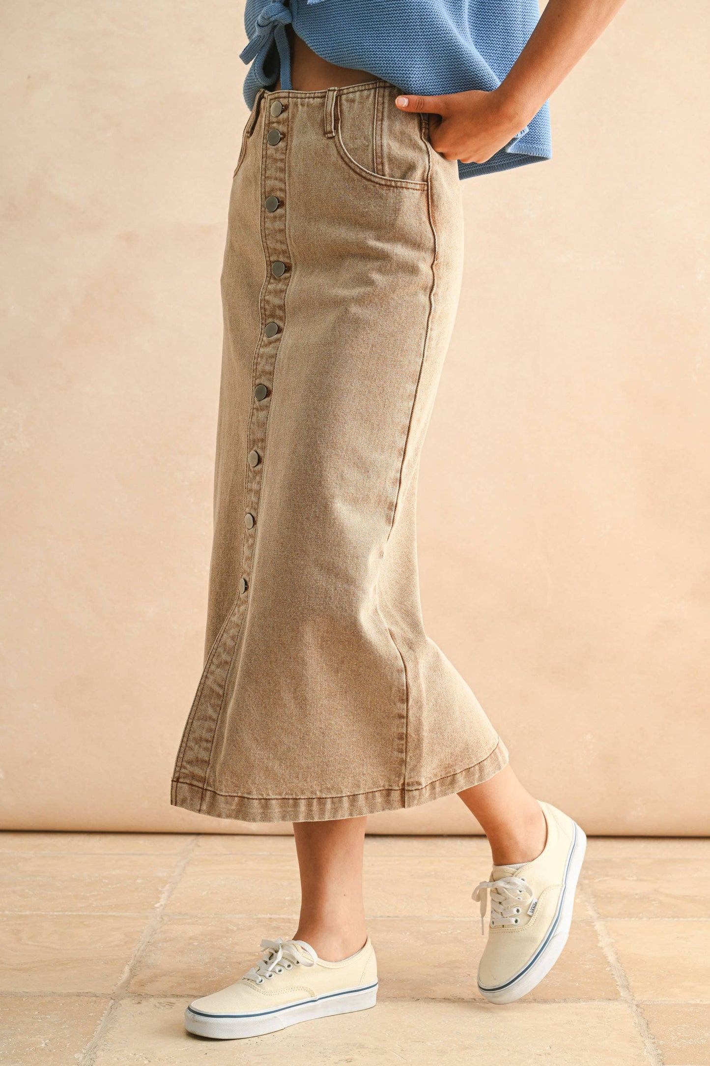 Denim Button Down Skirt Tan Wash