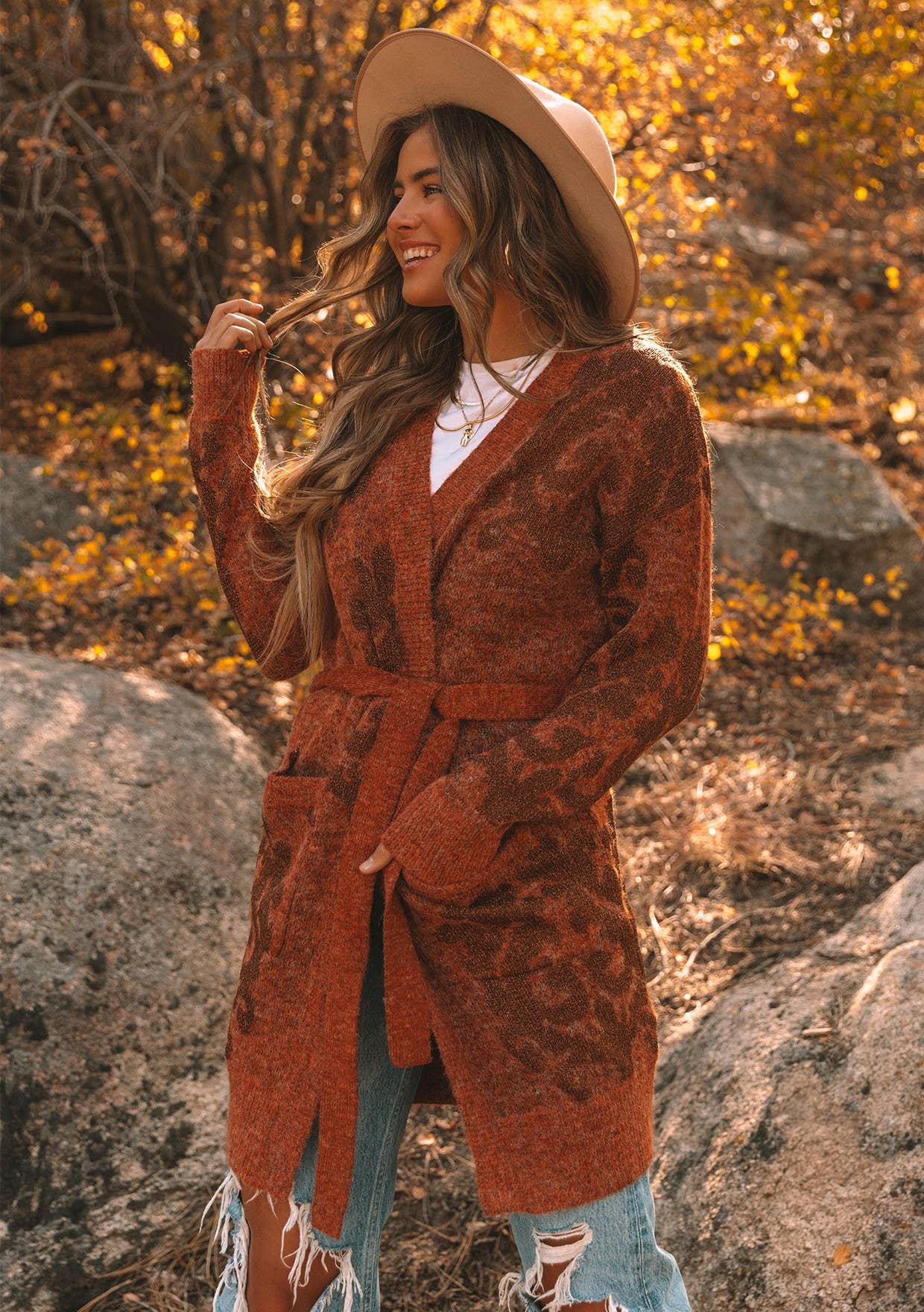 Metallic Floral Belted Cardigan • Rust