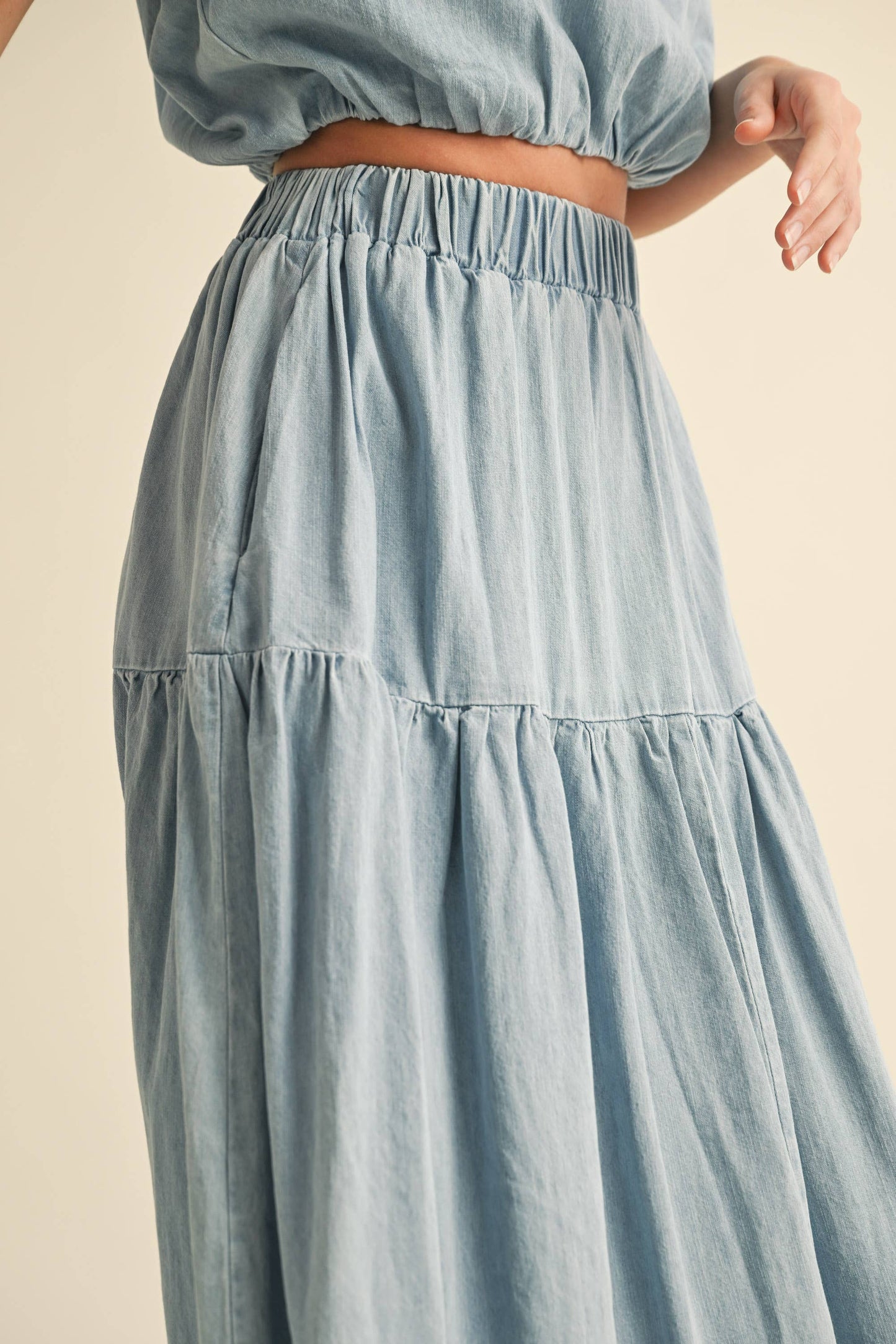 Tiered Denim Midi Skirt Light Wash