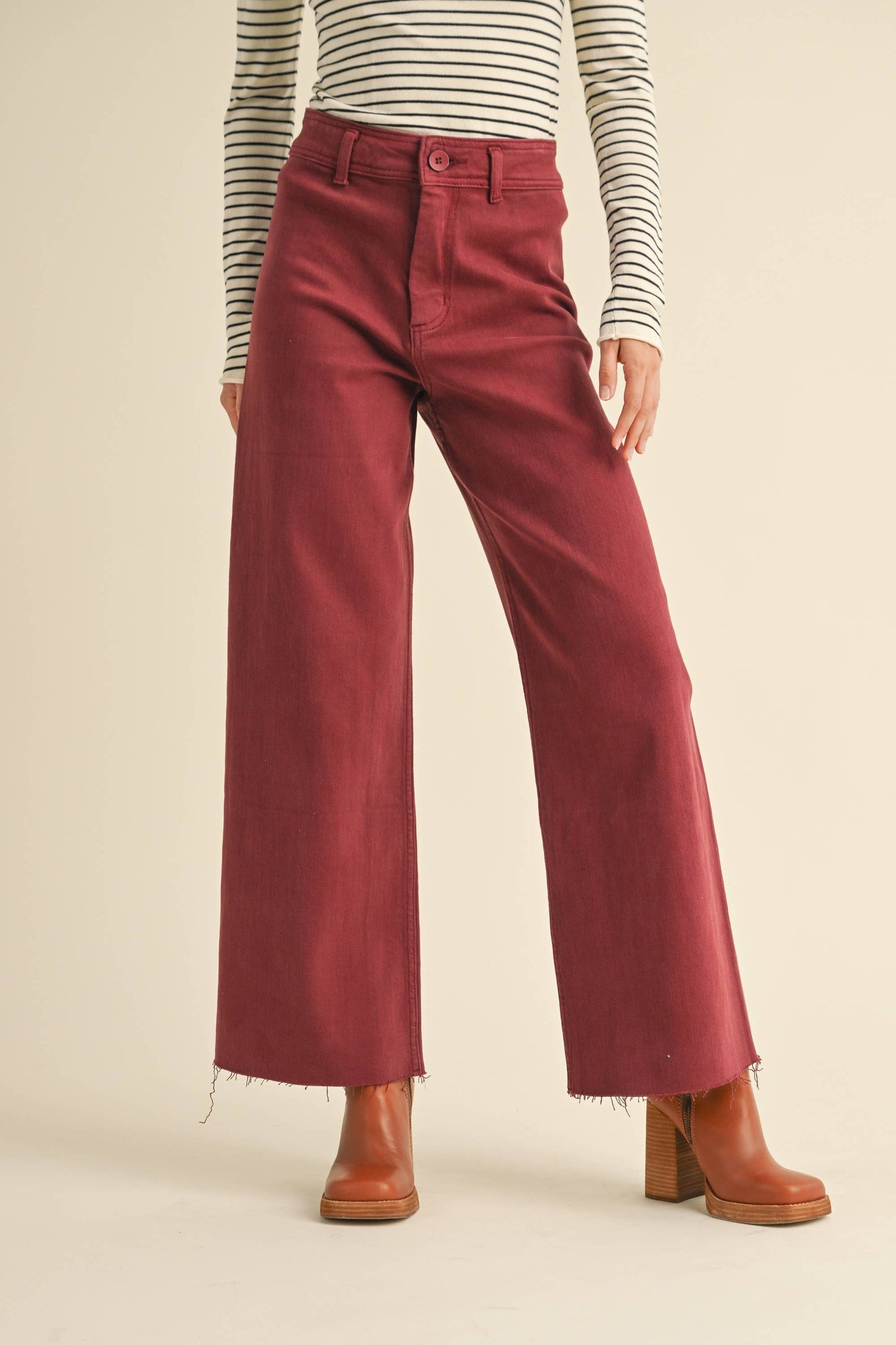 High Waist Wide Leg Denim Pants • Maroon Red