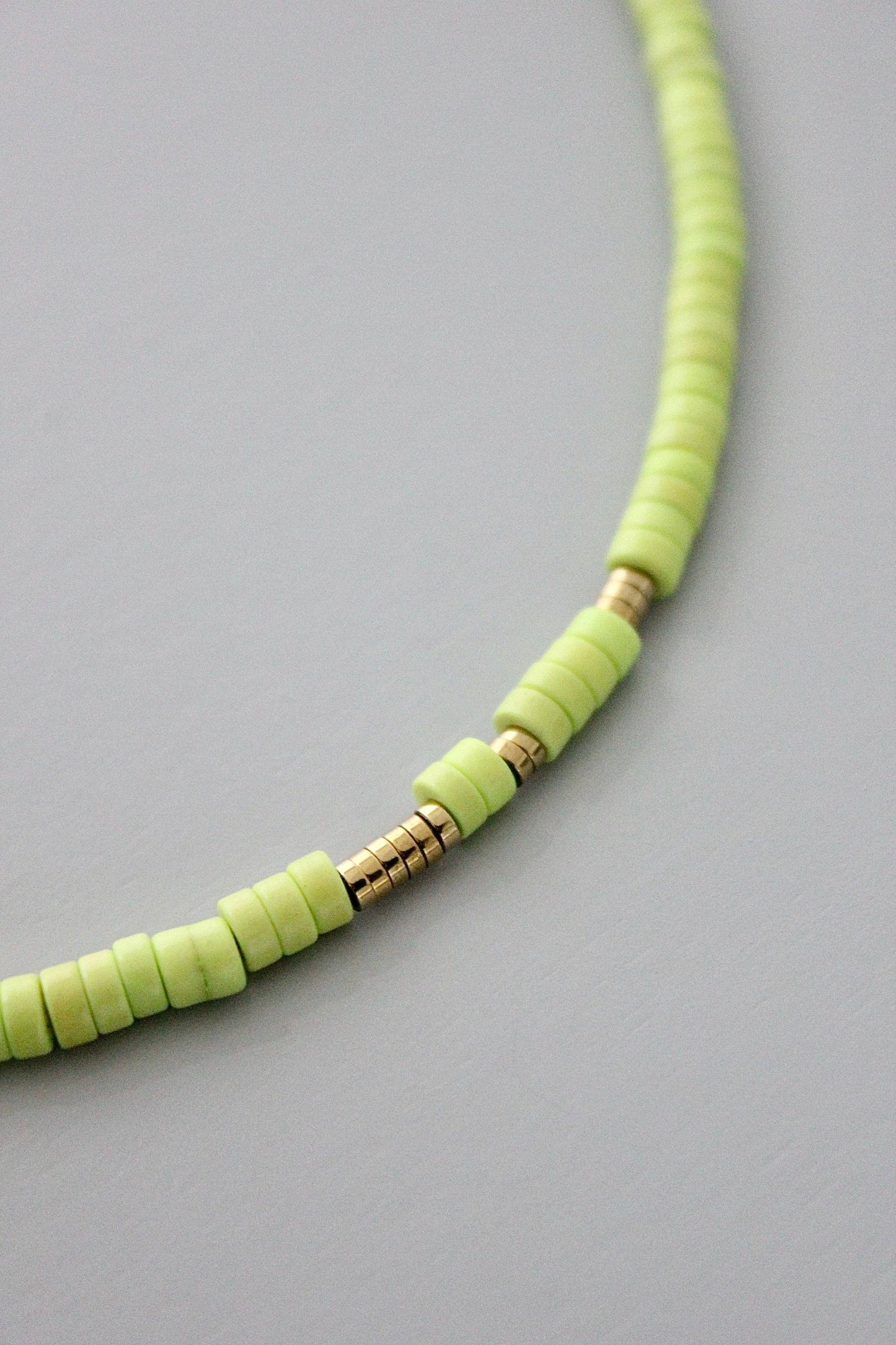 Long Beaded Necklace Magnesite & Hematite Lime Green