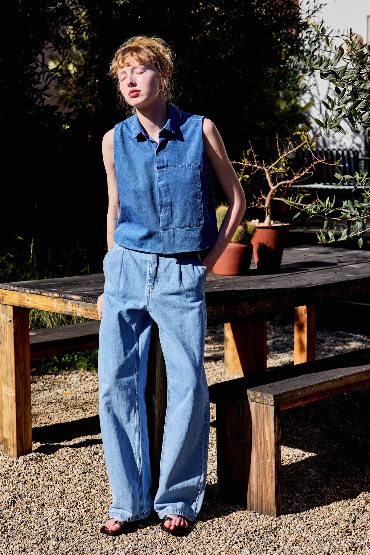 Collared Button Down Sleeveless Top • Denim