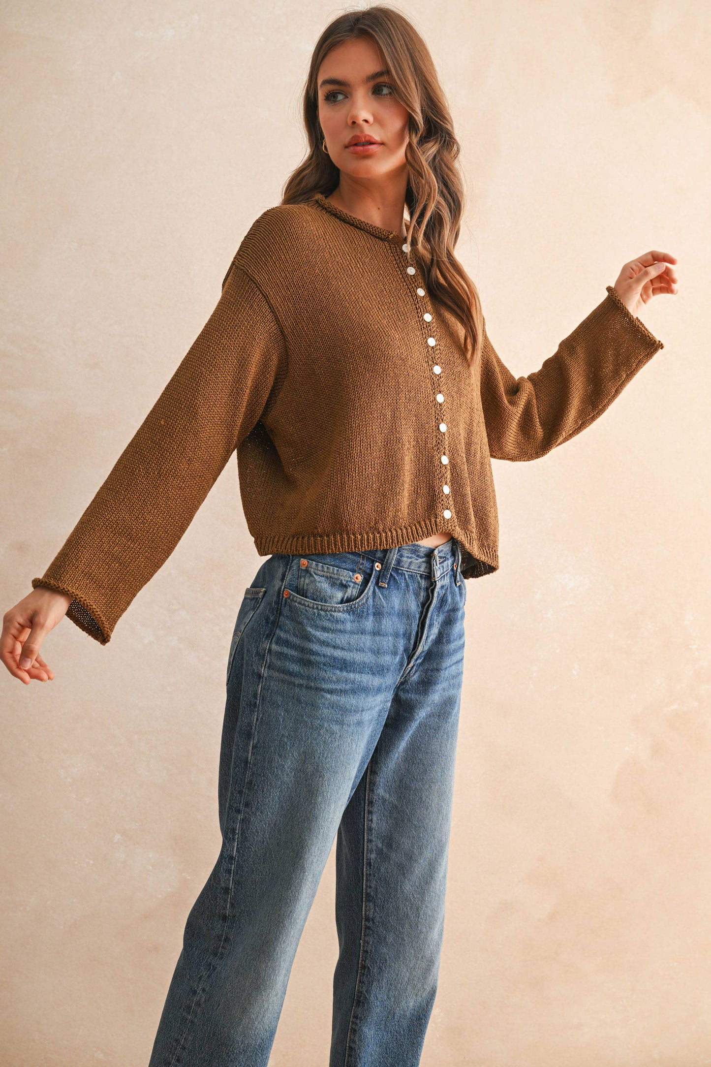 Lightweight Cotton Crop Cardigan Earthy Chocolate Brown