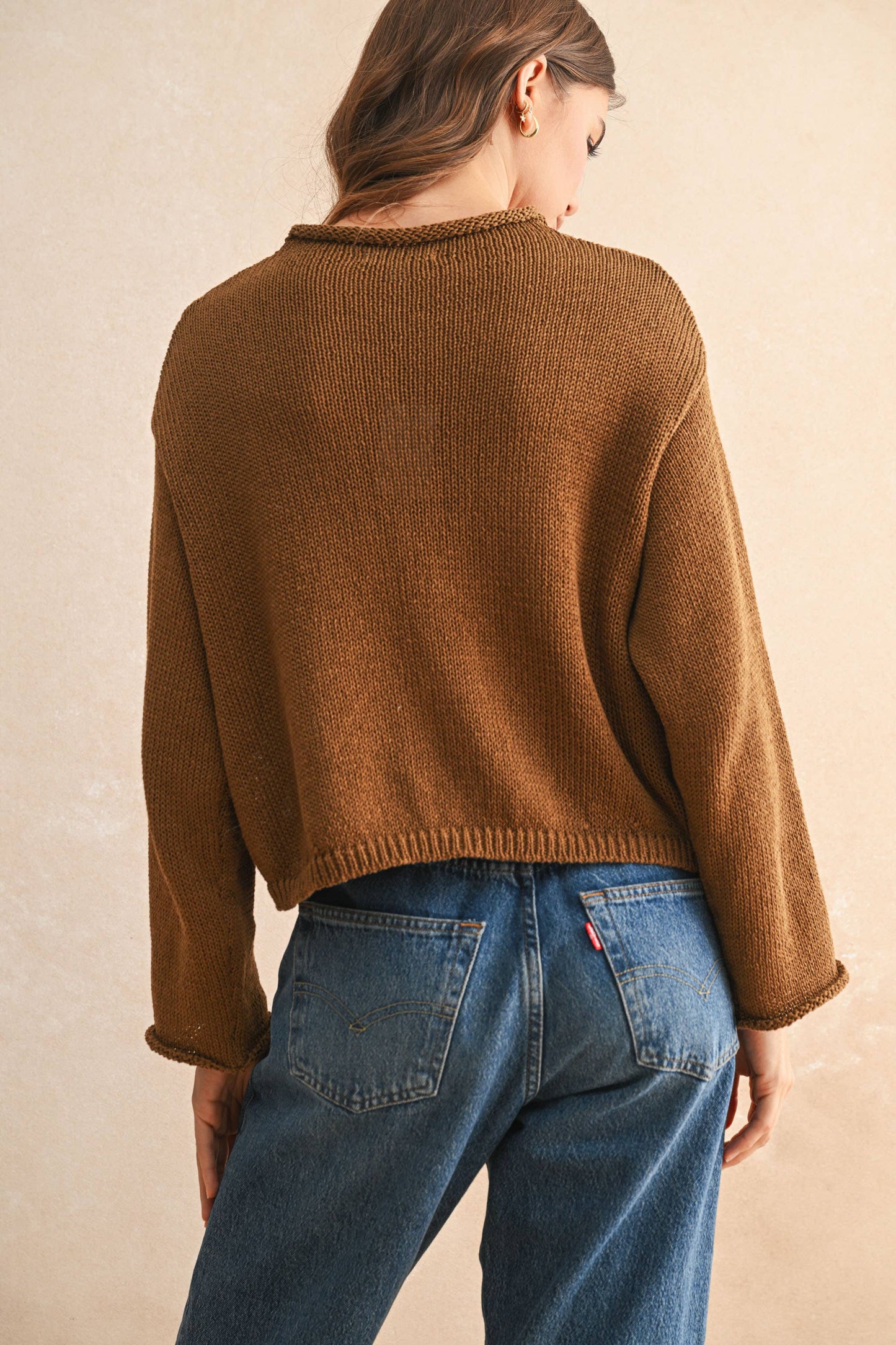 Lightweight Cotton Crop Cardigan Earthy Chocolate Brown