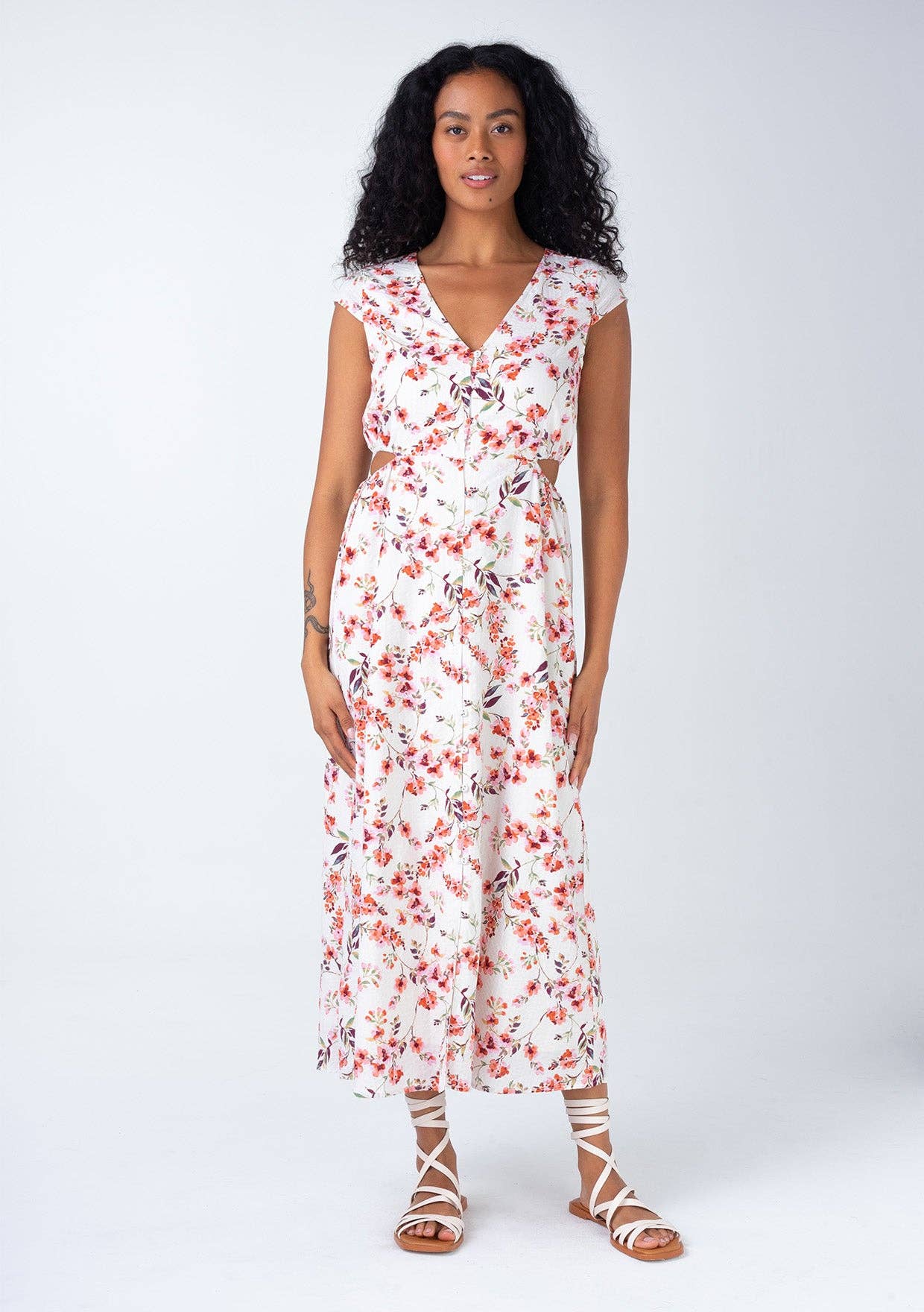 Floral Cap Sleeve Button Down Cut Out Midi Dress • Natural & Rose