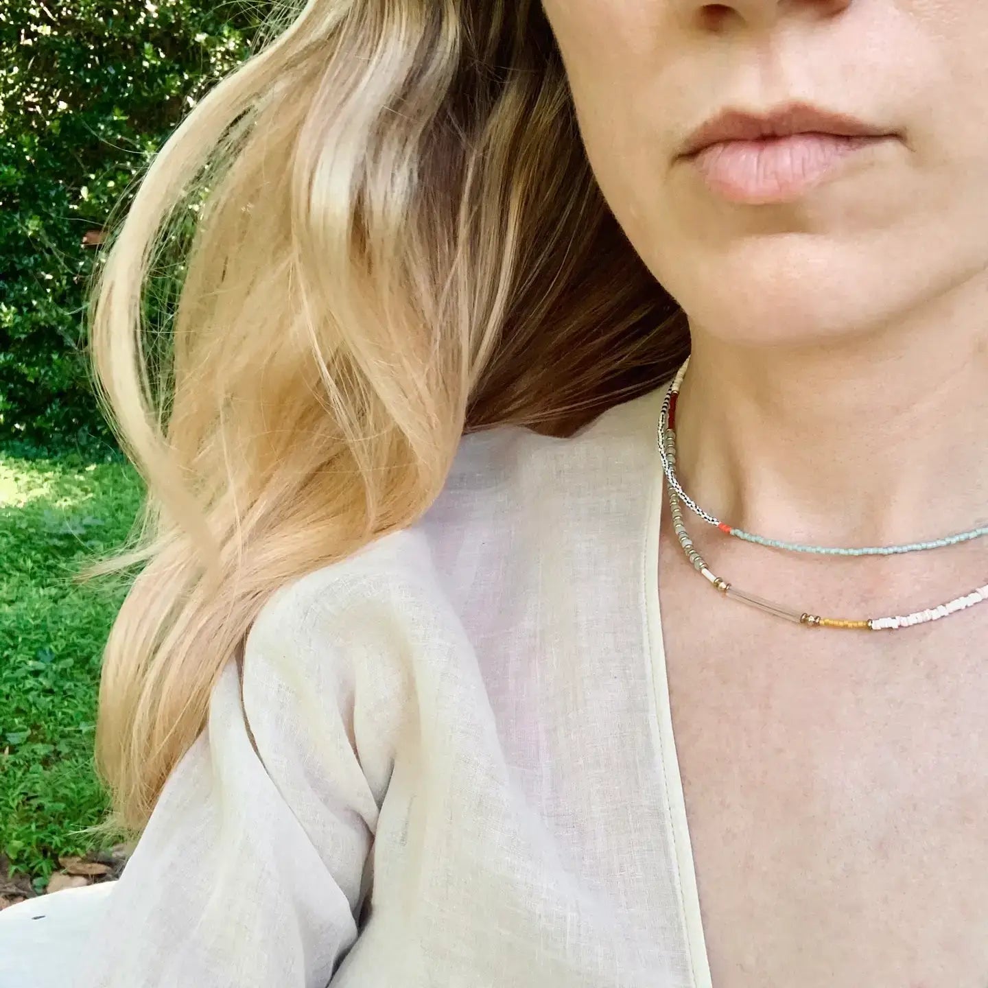 Alice Rice • Mosaic Beaded Choker Necklace• Navy & Olive