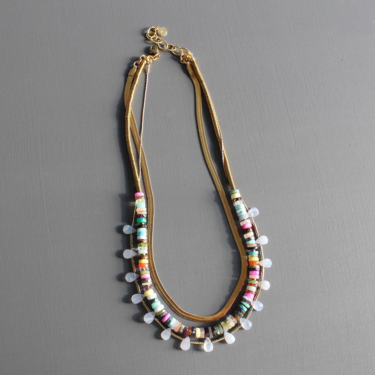 Triple Strand Multicolored Beaded Necklace Gold