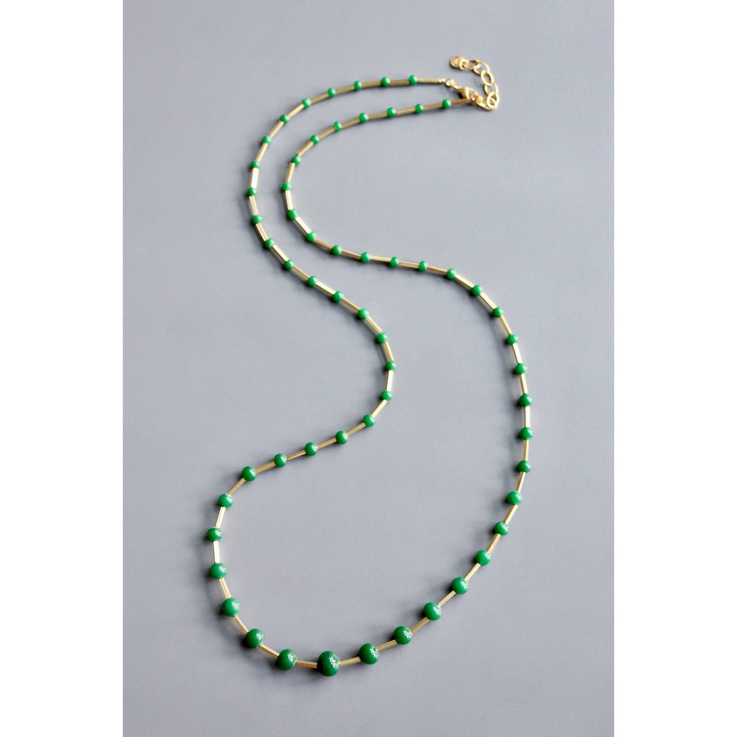 Long Beaded Necklace • Green Vintage Glass & Brass
