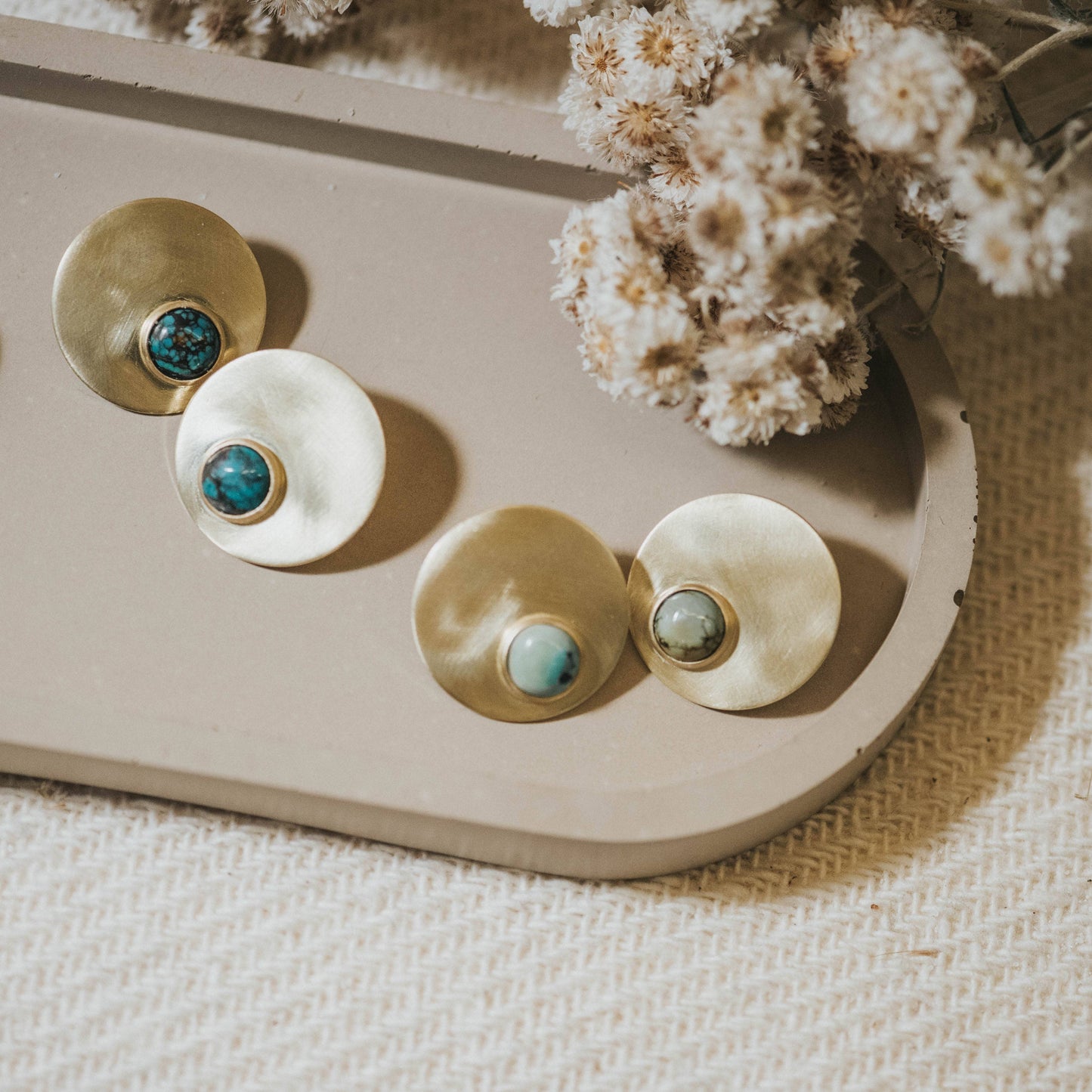 Orb Studs, Brushed Brass Disc, Turquoise and Copper Obsidian: Turquoise