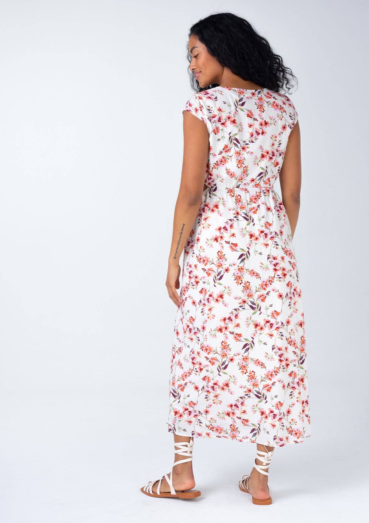 Floral Cap Sleeve Button Down Cut Out Midi Dress • Natural & Rose