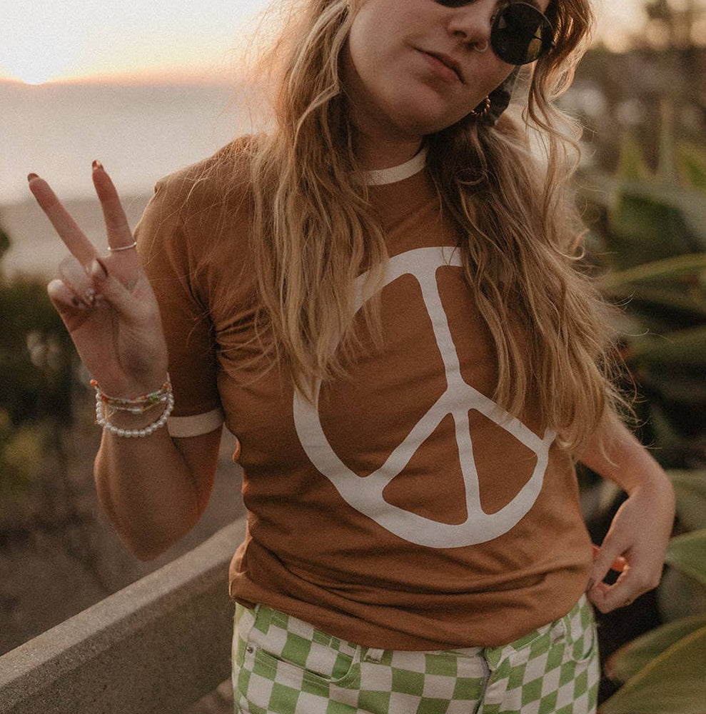 Peace Ringer Tee • Earthy Brown