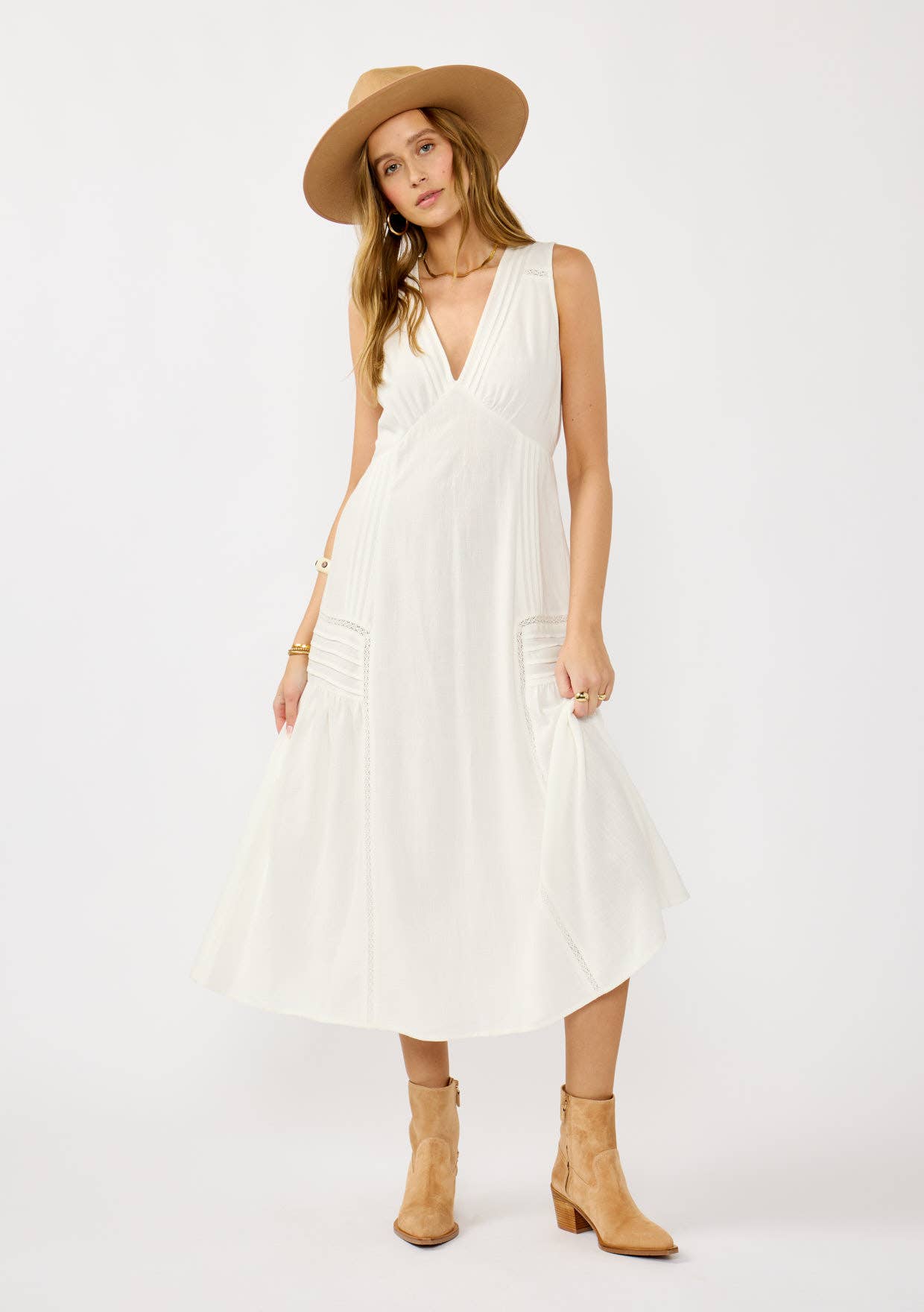 Lace Detail Linen Blend Midi Dress • White