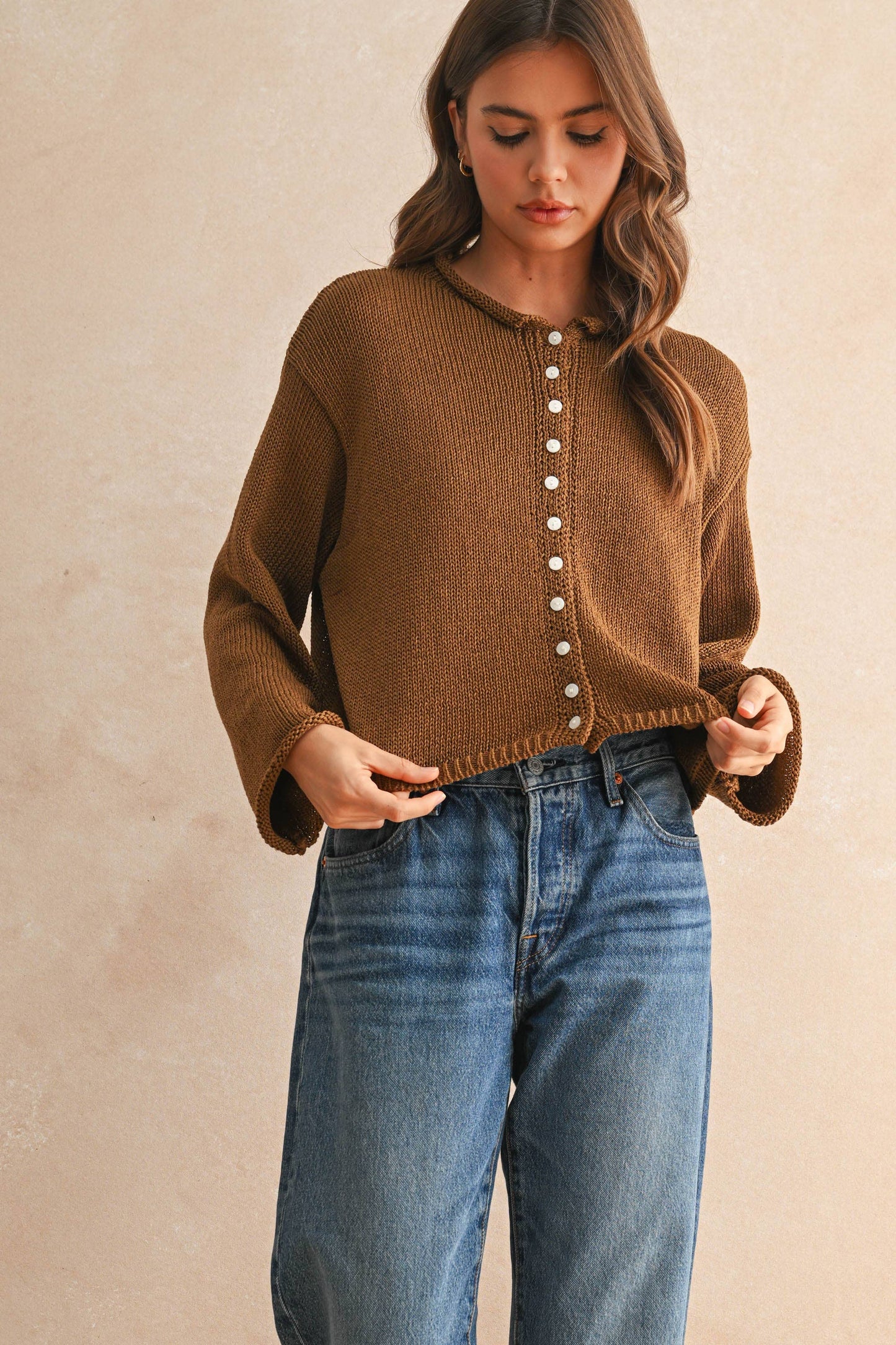 Lightweight Cotton Crop Cardigan Earthy Chocolate Brown