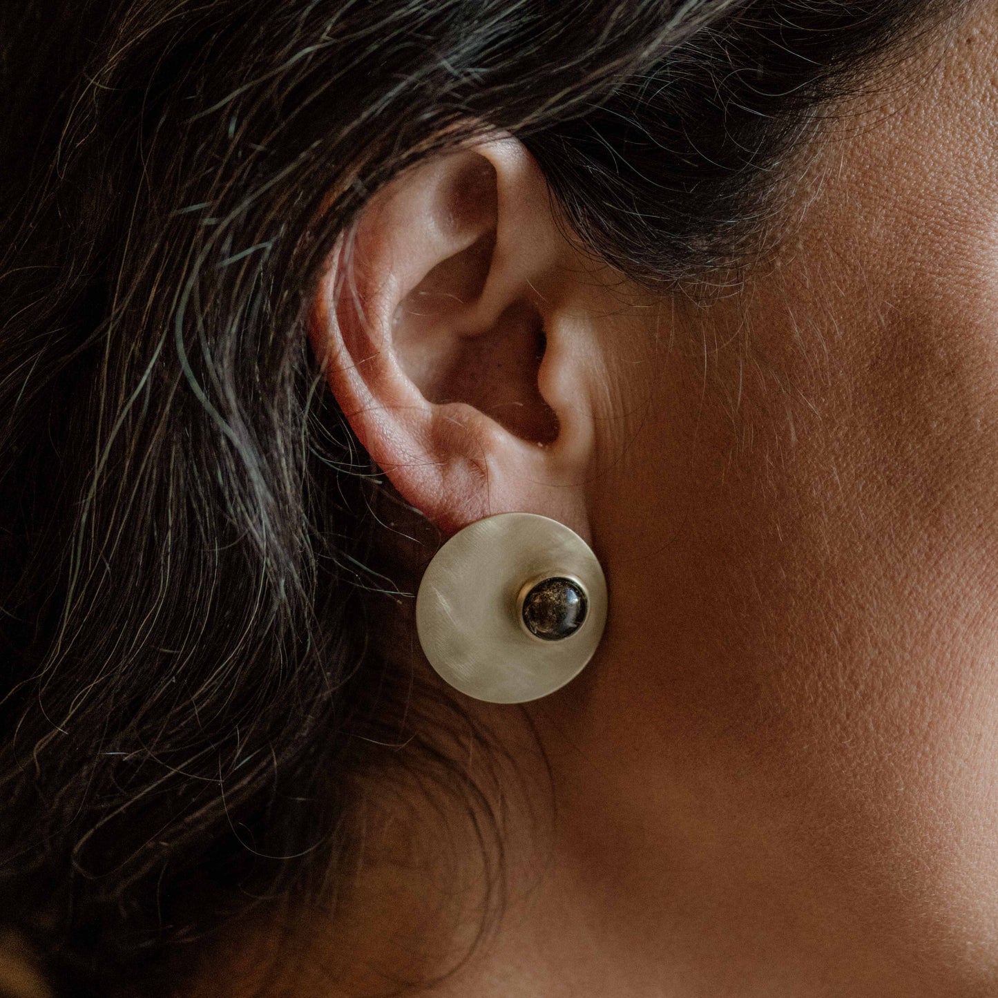 Orb Studs, Brushed Brass Disc, Turquoise and Copper Obsidian: Turquoise