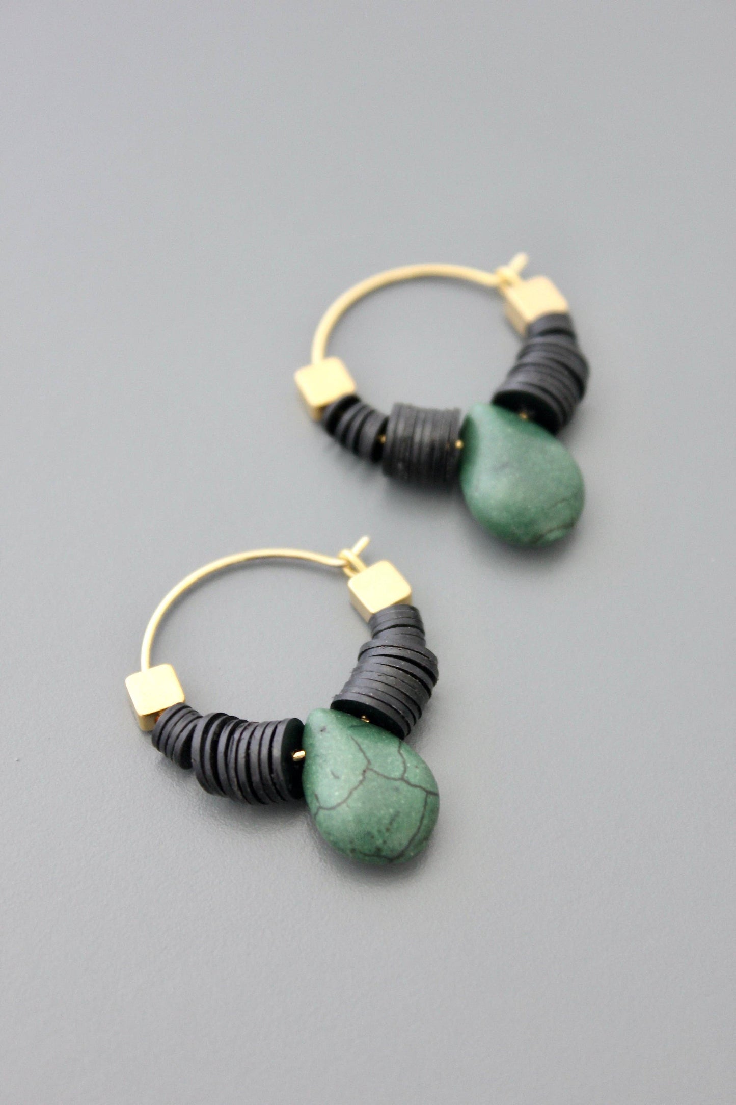 David Aubrey • Teardrop Beaded Hoop Earring • Green & Black