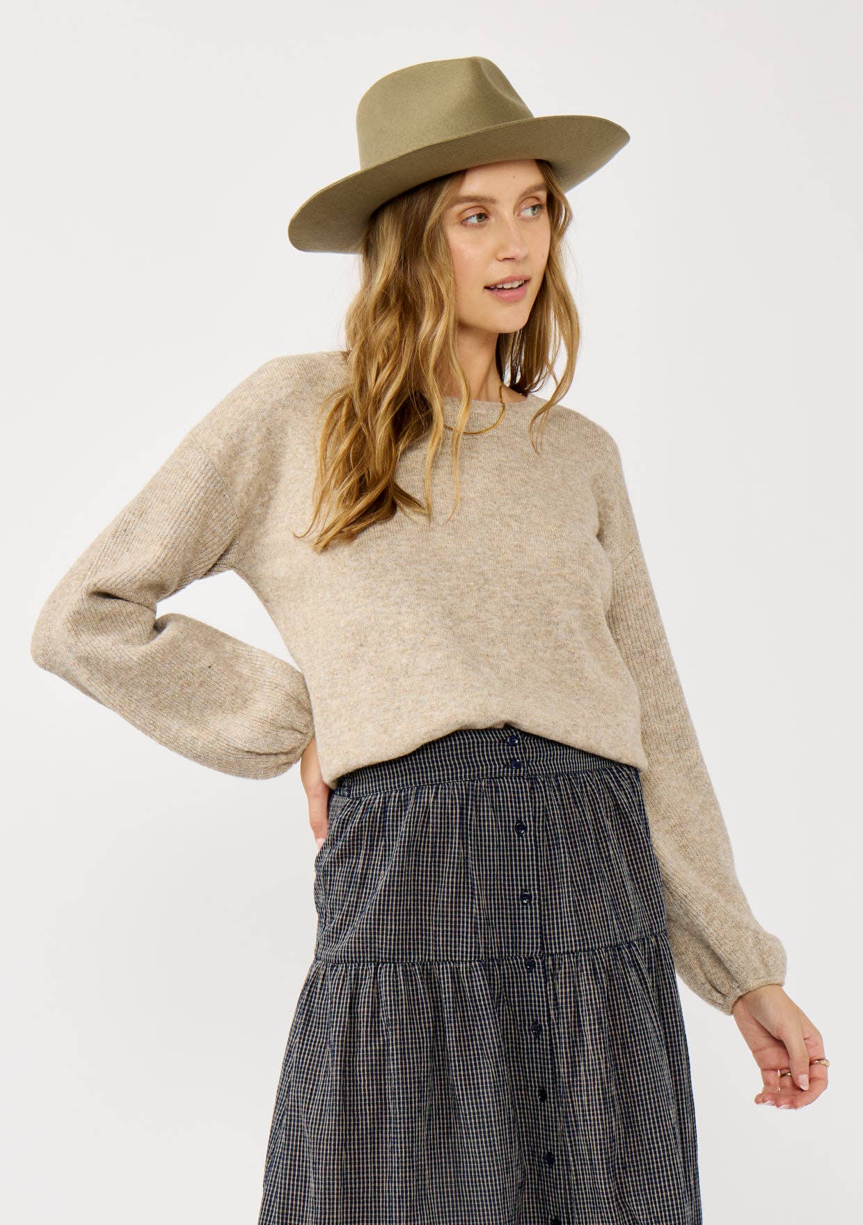Checkered Button Down Skirt • Navy & Taupe