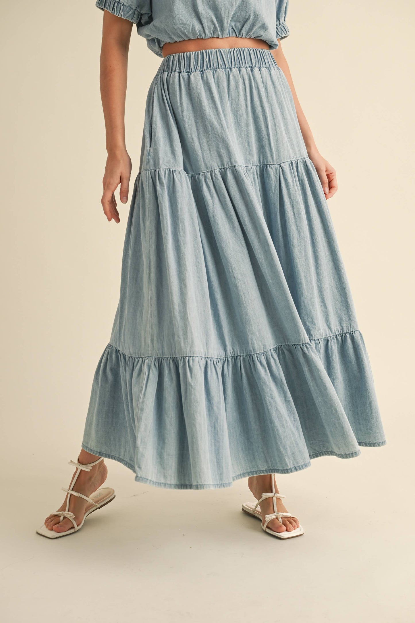 Tiered Denim Midi Skirt Light Wash