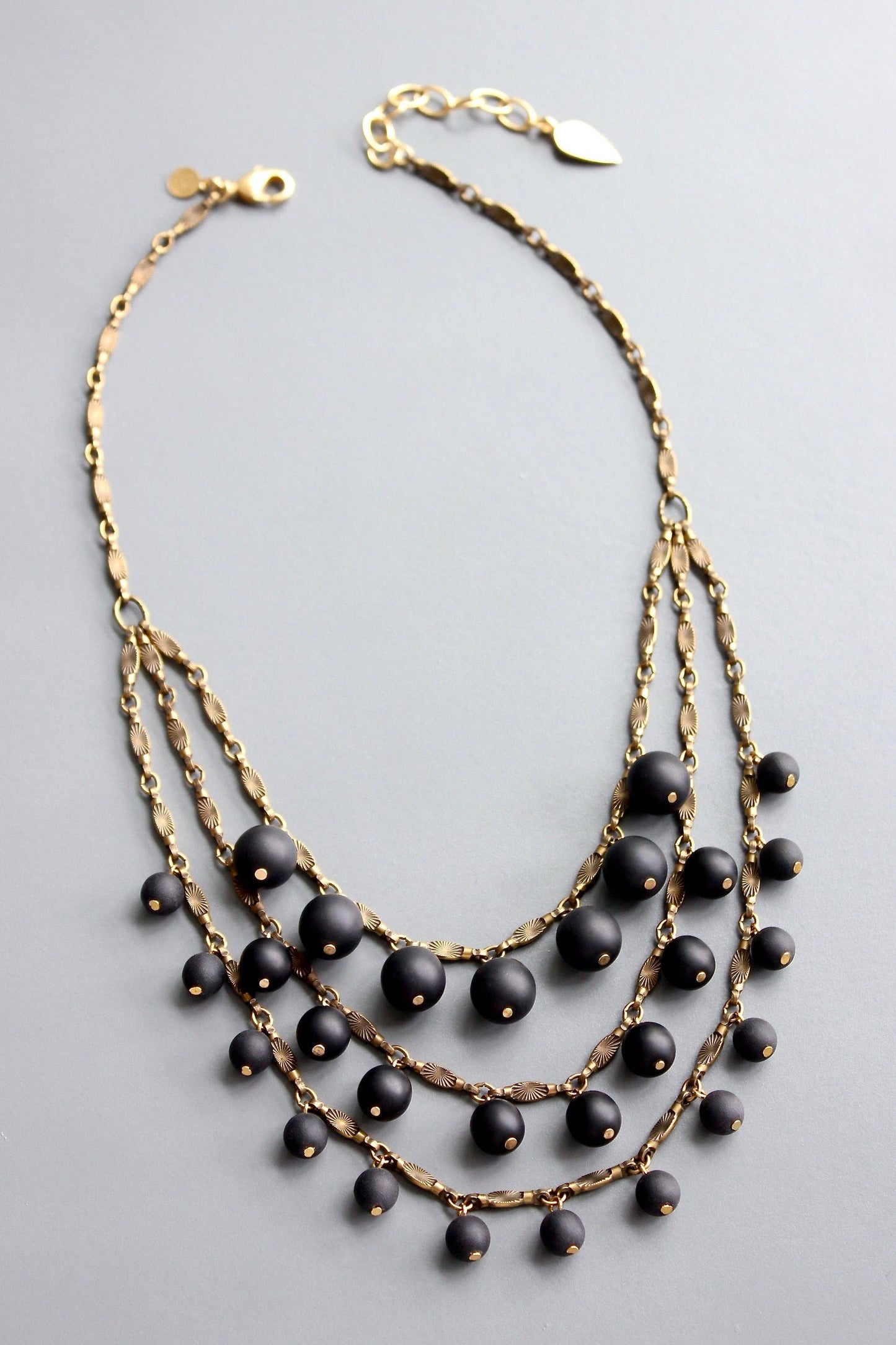 David Aubrey • Beaded Glass Bib Statement Necklace • Matte Jet Black & Aged Brass