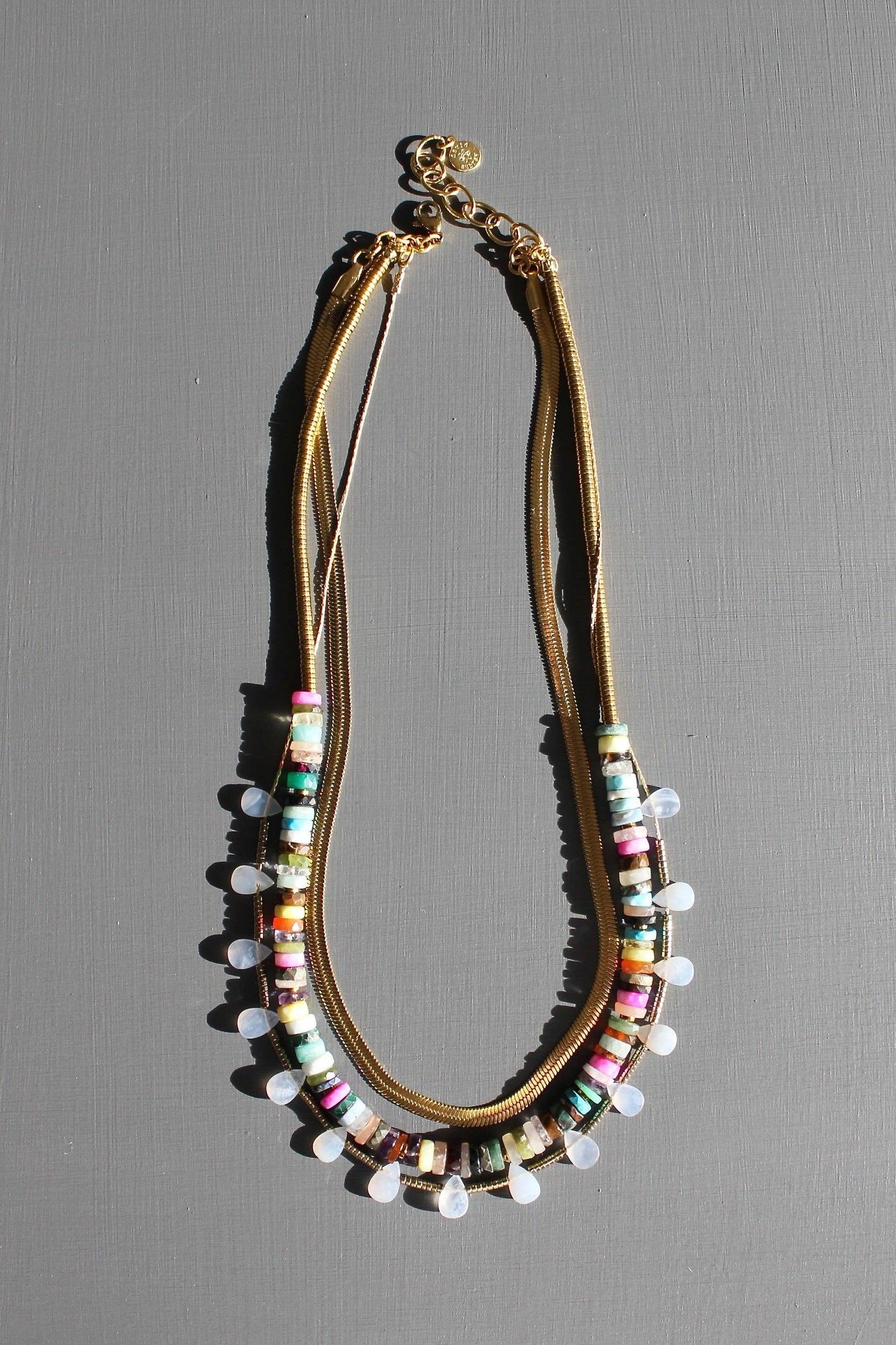 Triple Strand Multicolored Beaded Necklace Gold