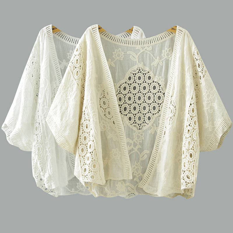 Lace Open Front Cardigan with Batwing Sleeves Beige