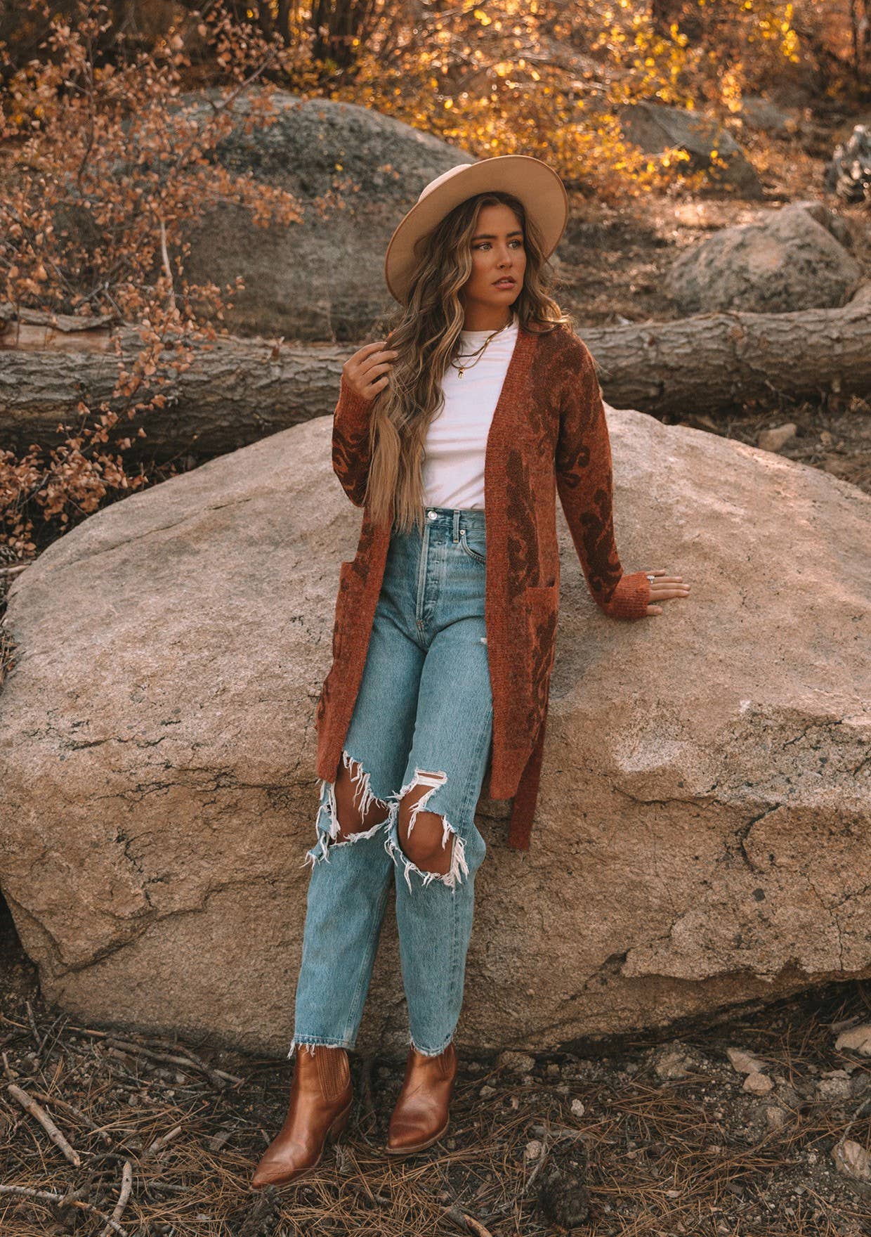 Metallic Floral Belted Cardigan • Rust