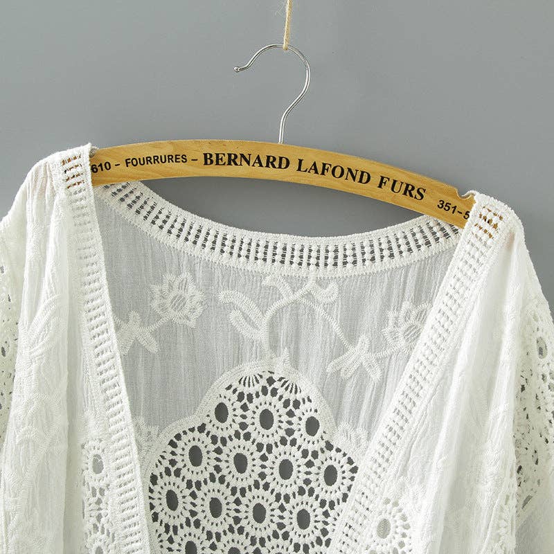 Lace Open Front Cardigan with Batwing Sleeves White