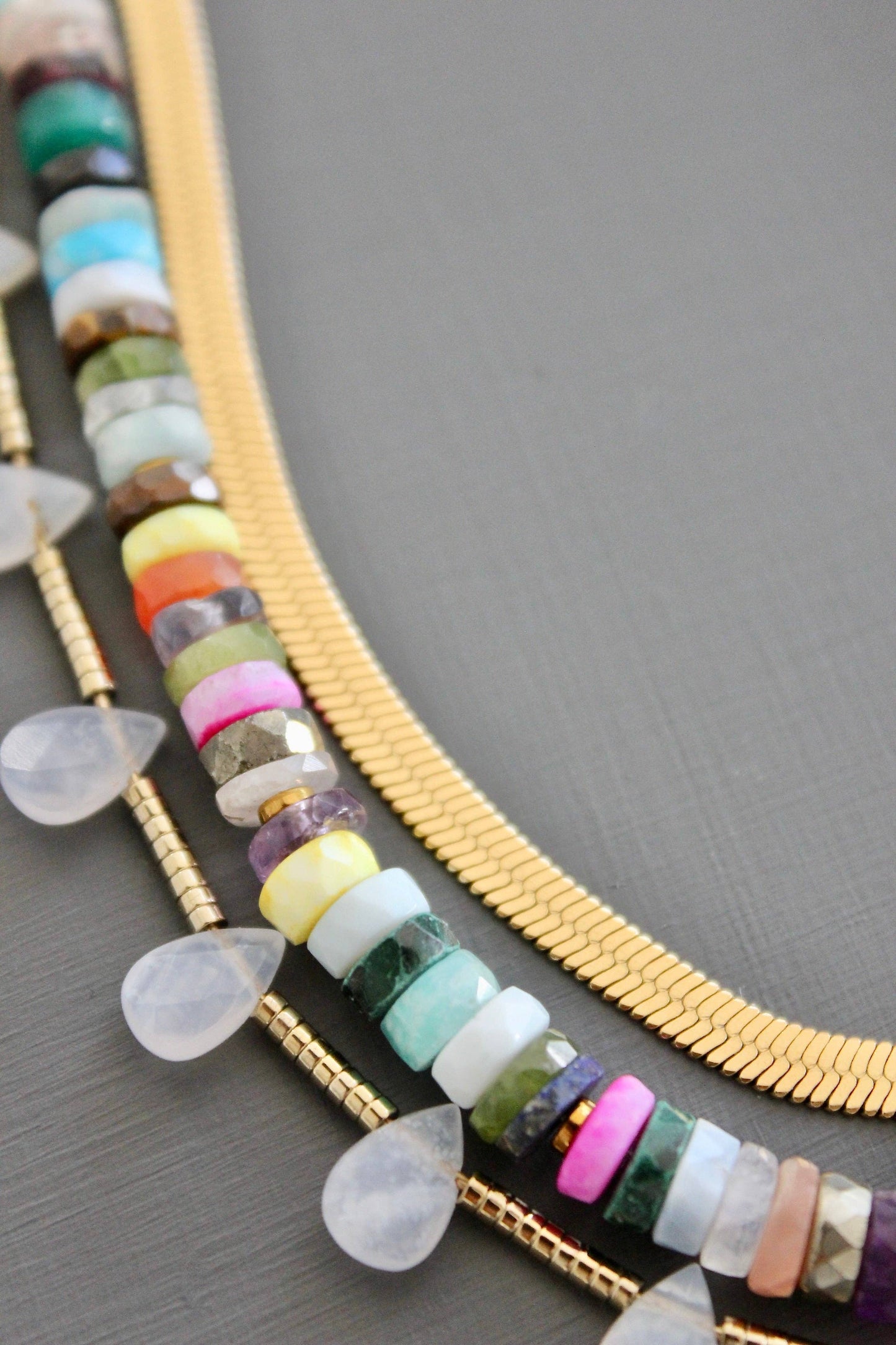 Triple Strand Multicolored Beaded Necklace Gold