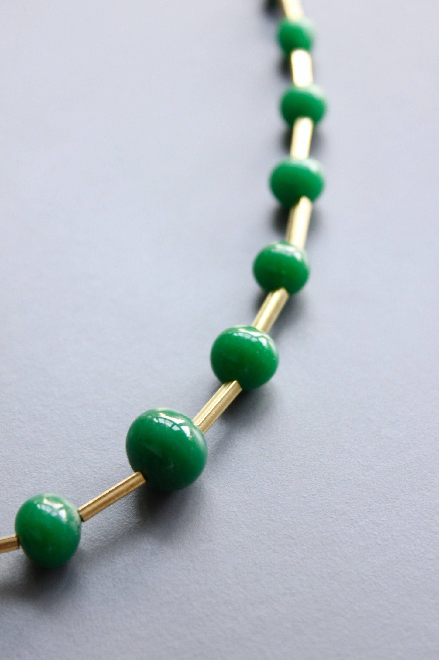 Long Beaded Necklace • Green Vintage Glass & Brass