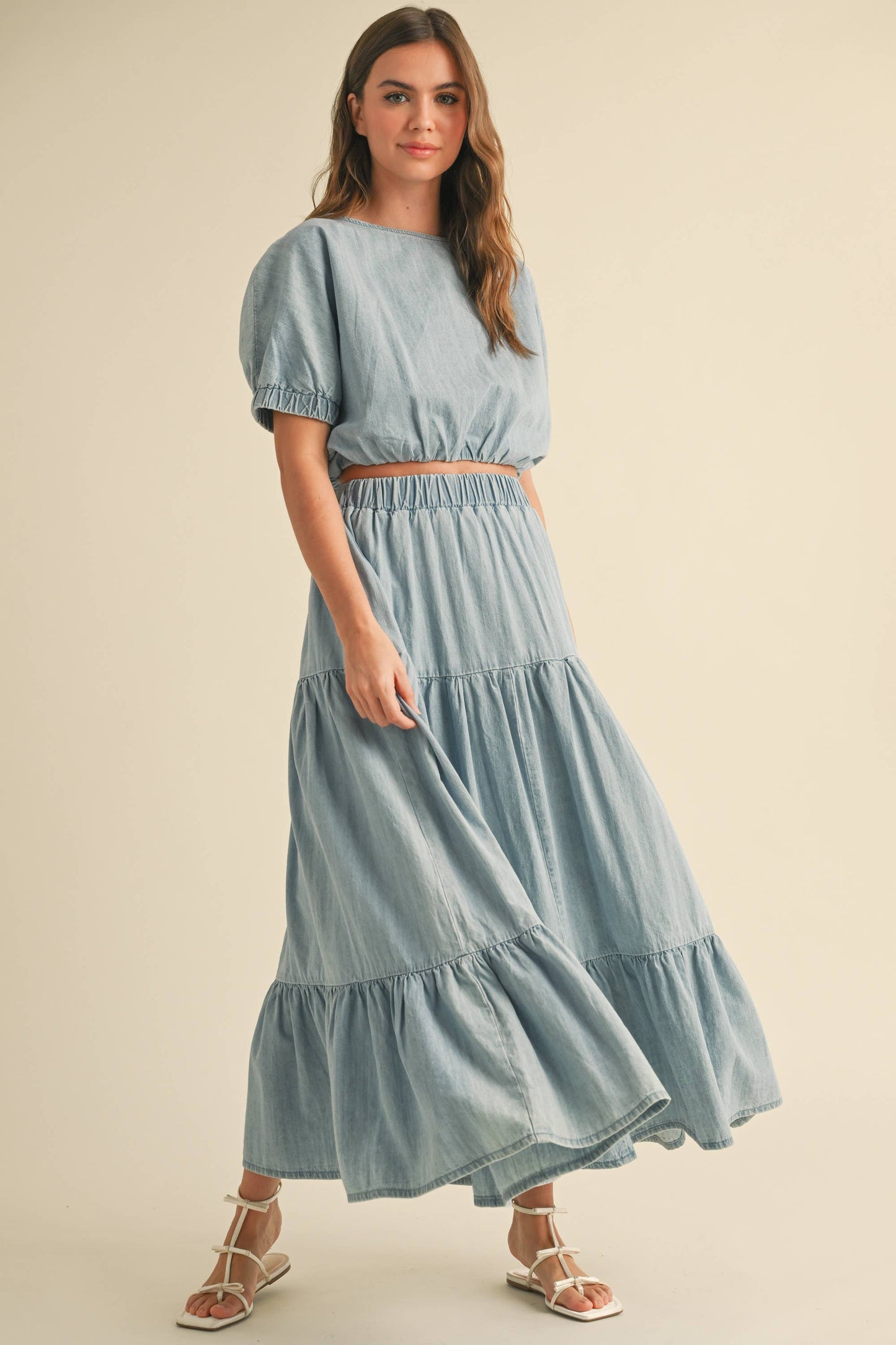 Tiered Denim Midi Skirt Light Wash