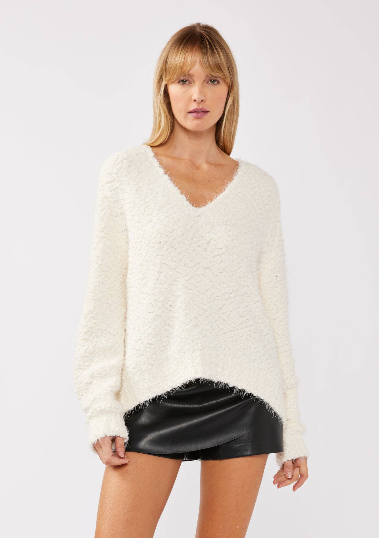 Fuzzy V-neck Pullover Sweater • White