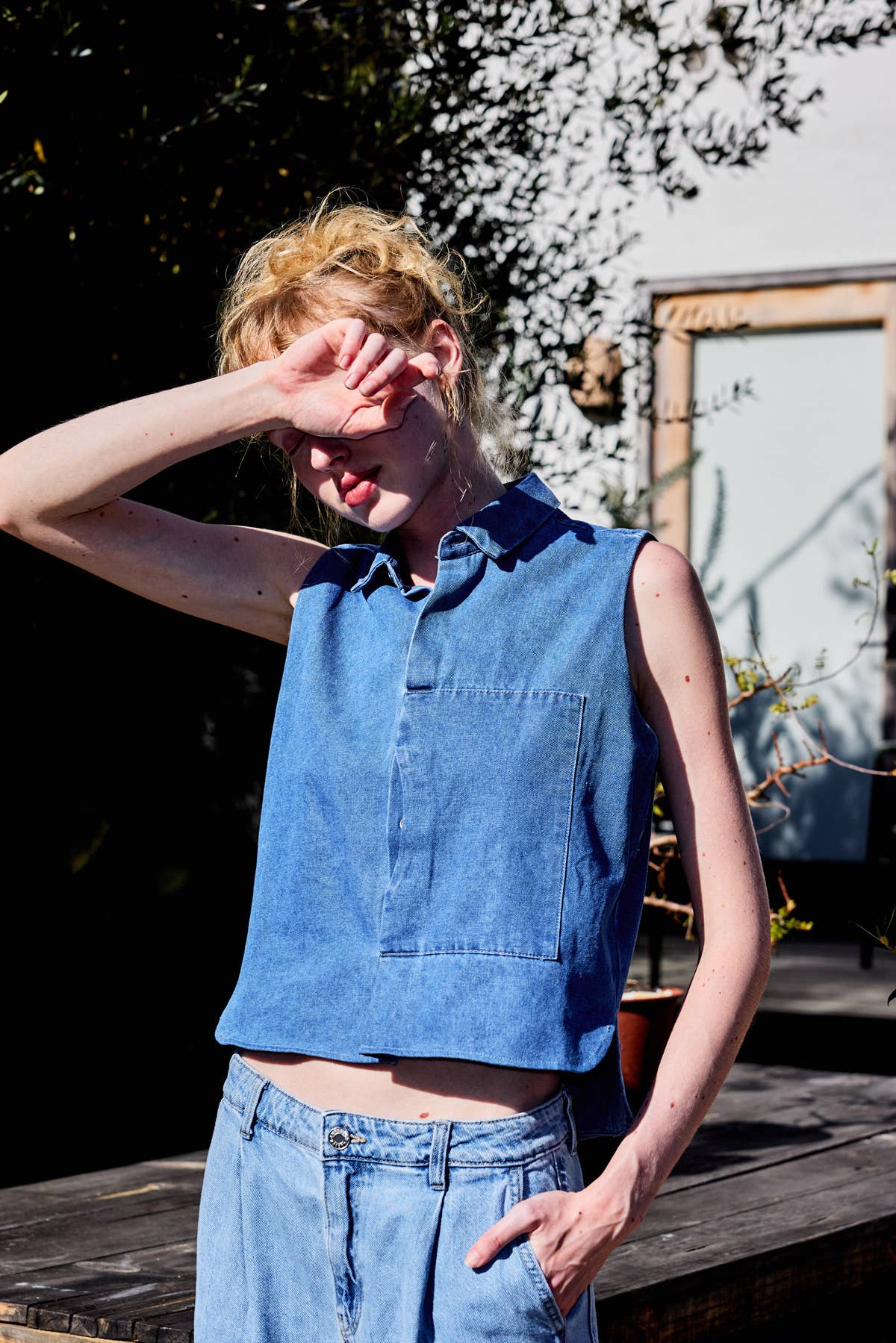Collared Button Down Sleeveless Top • Denim