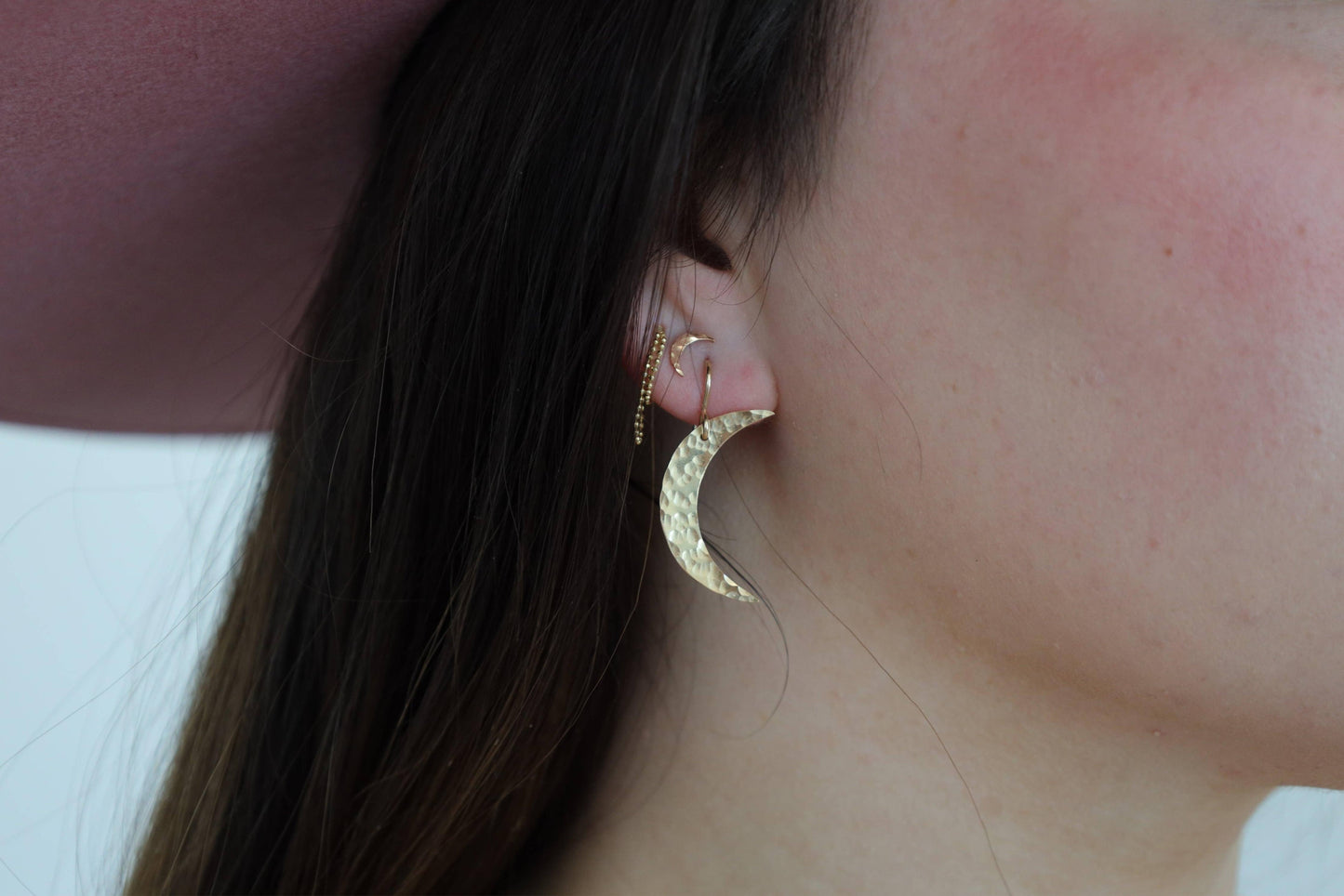 Tiny New Moon Hammered Stud Earrings • 14k Gold Fill