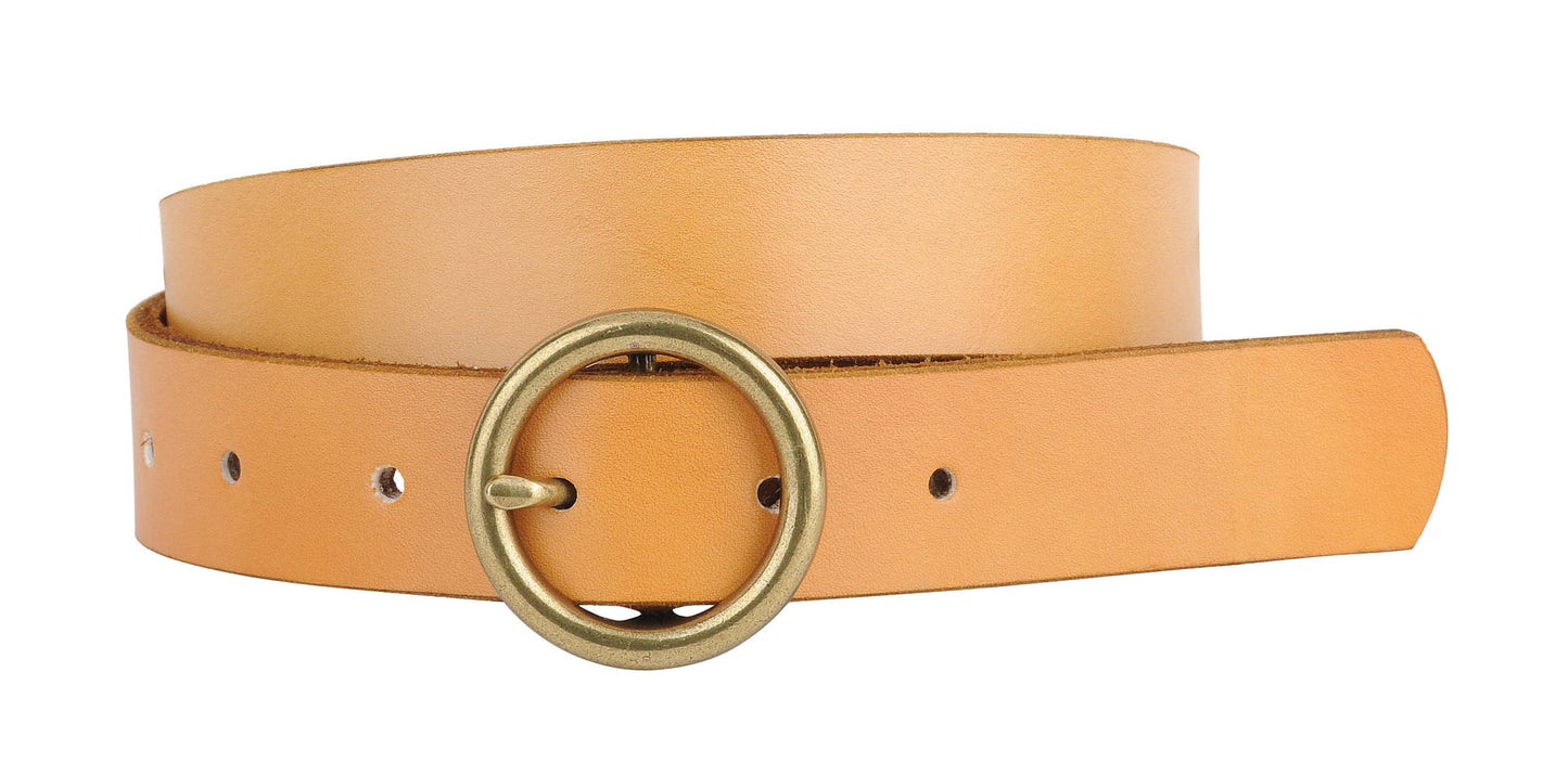 Brass-Toned Circle Buckle Leather Belt • Camel